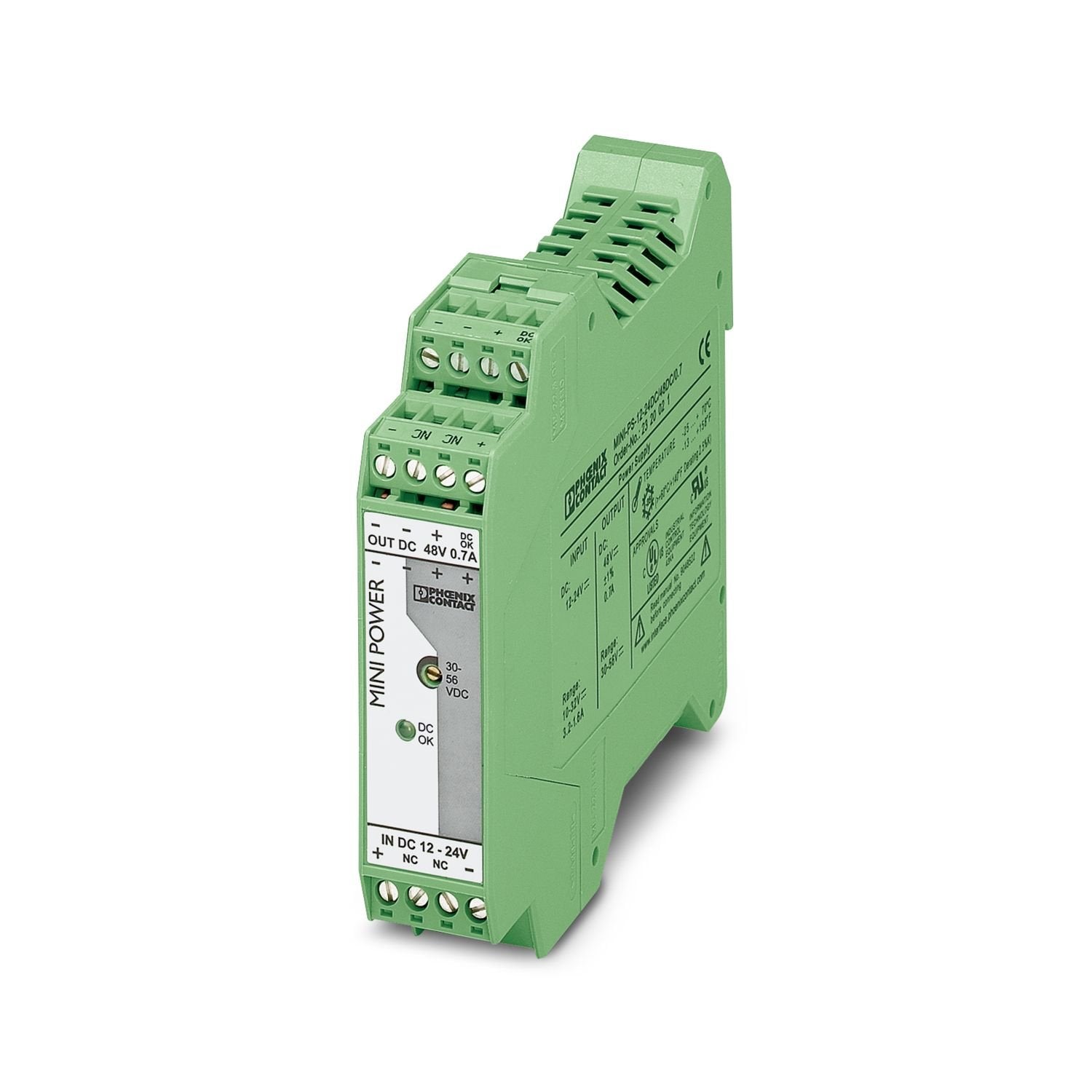 Please use the following item in new systems: 1098676. Primary-switched MINI DC/DC converter for DIN rail mounting, input: 12 - 24 V DC, output: 48 V DC/0.7 A