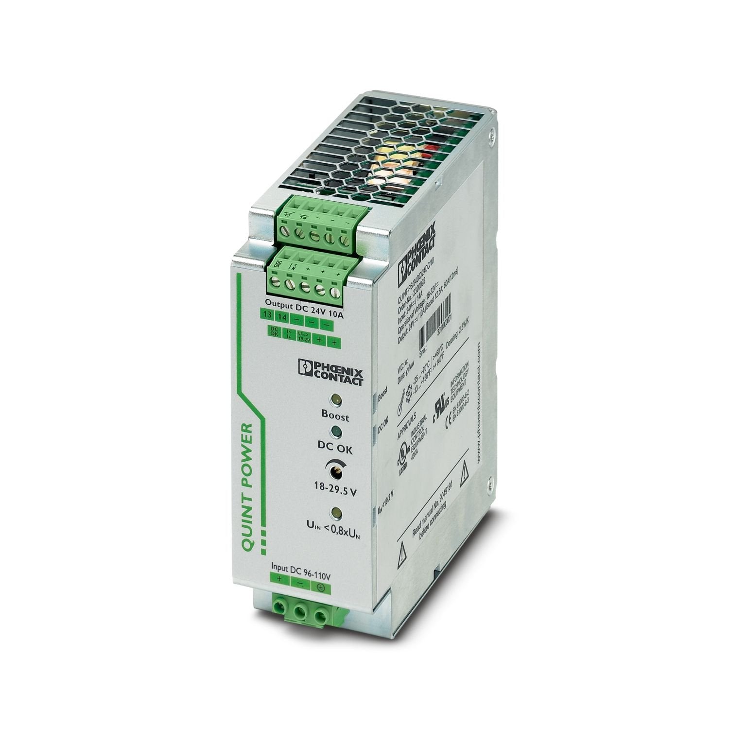 Primary-switched QUINT DC/DC converter with wide range input for DIN rail mounting with SFB (selective fuse breaking) technology, input: 96 - 110 V DC, output: 24 V DC/10 A