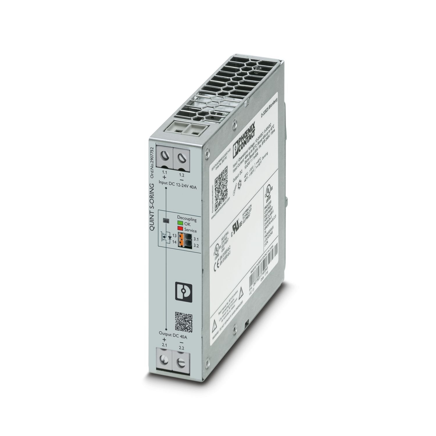 Active QUINT single redundancy module for DIN rail mounting, input: 12 V DC ... 24 V DC, output: 12 V DC ... 24 V DC / 1 x 40 A, incl. mounted UTA 107/30 universal DIN rail adapter