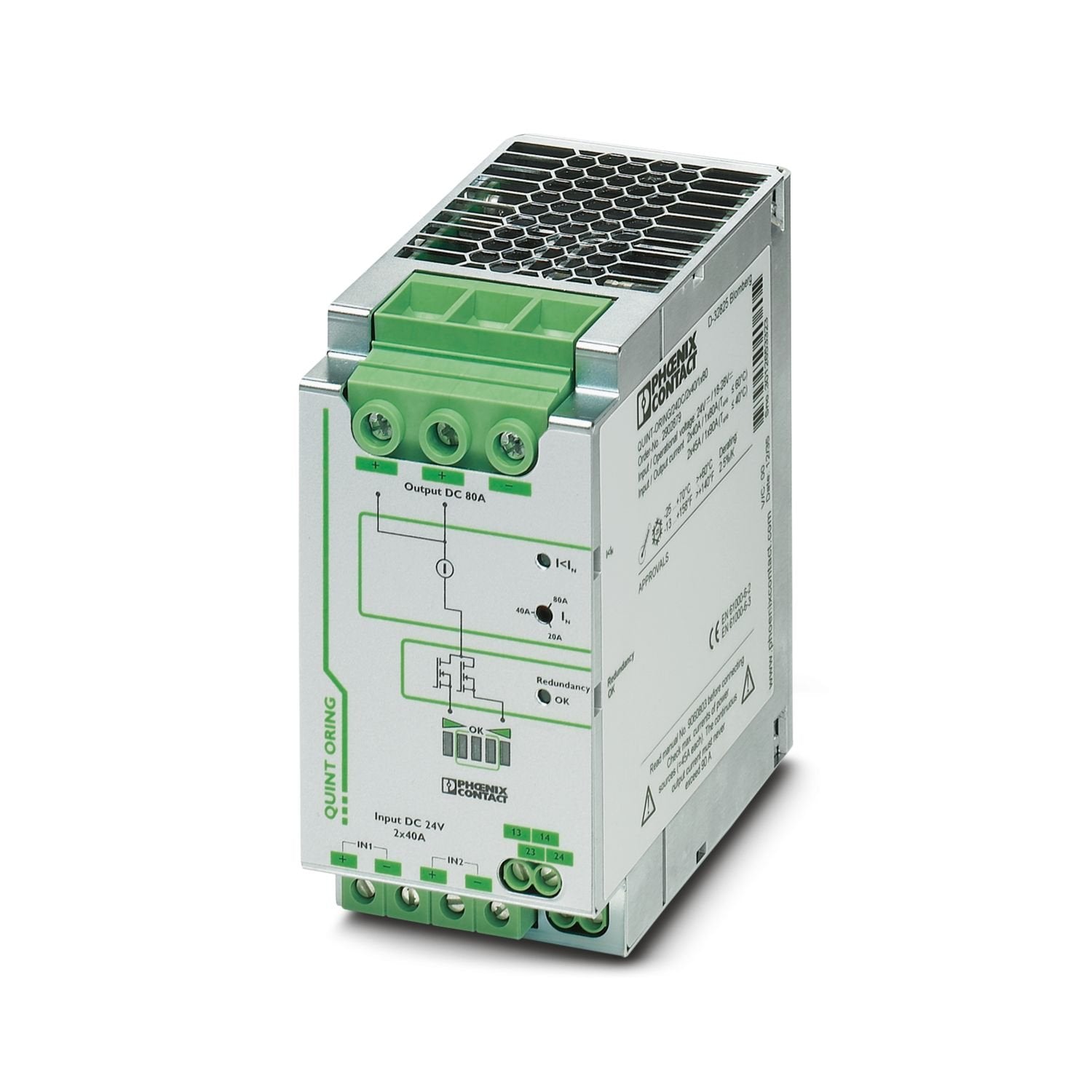 Active QUINT redundancy module for DIN rail mounting with ACB (Auto Current Balancing) Technology and monitoring functions, input: 24 V DC/2x 40 A, output: 24 V DC/1 x 80 A, including mounted UTA 107/30 universal DIN rail adapter