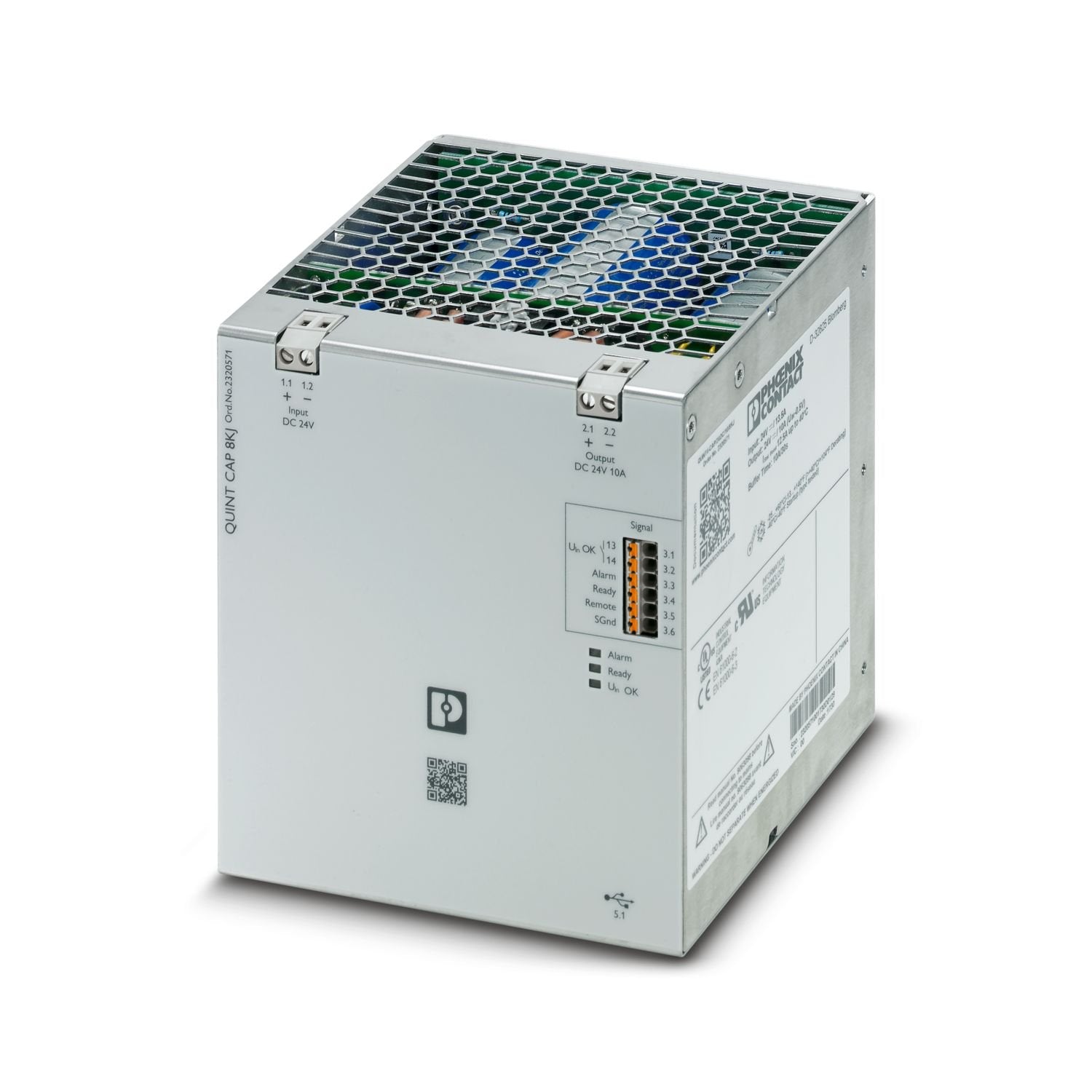 QUINT capacity module, with maintenance-free energy storage based on double-layer capacitor, USB (Modbus/RTU), DIN rail mounting, input: 24 V DC, output: 24 V DC / 10 A / 8 kJ incl. mounted UTA 107 universal DIN rail adapter. The “POWER MANAGEMENT SUITE” software (Item No. 1252232) available in the download area can be used for configuration.