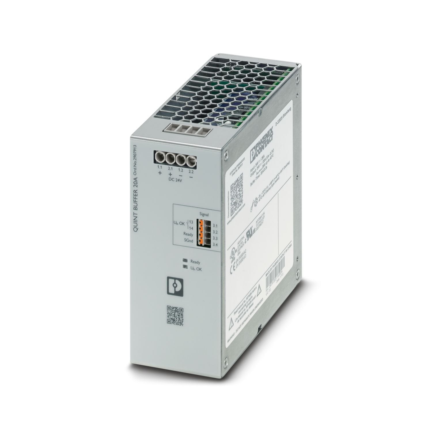 QUINT buffer module with maintenance-free capacitor-based energy storage for DIN rail mounting, input: 24 V DC, output: 24 V DC/20 A, including mounted UTA 107 universal DIN rail adapter.