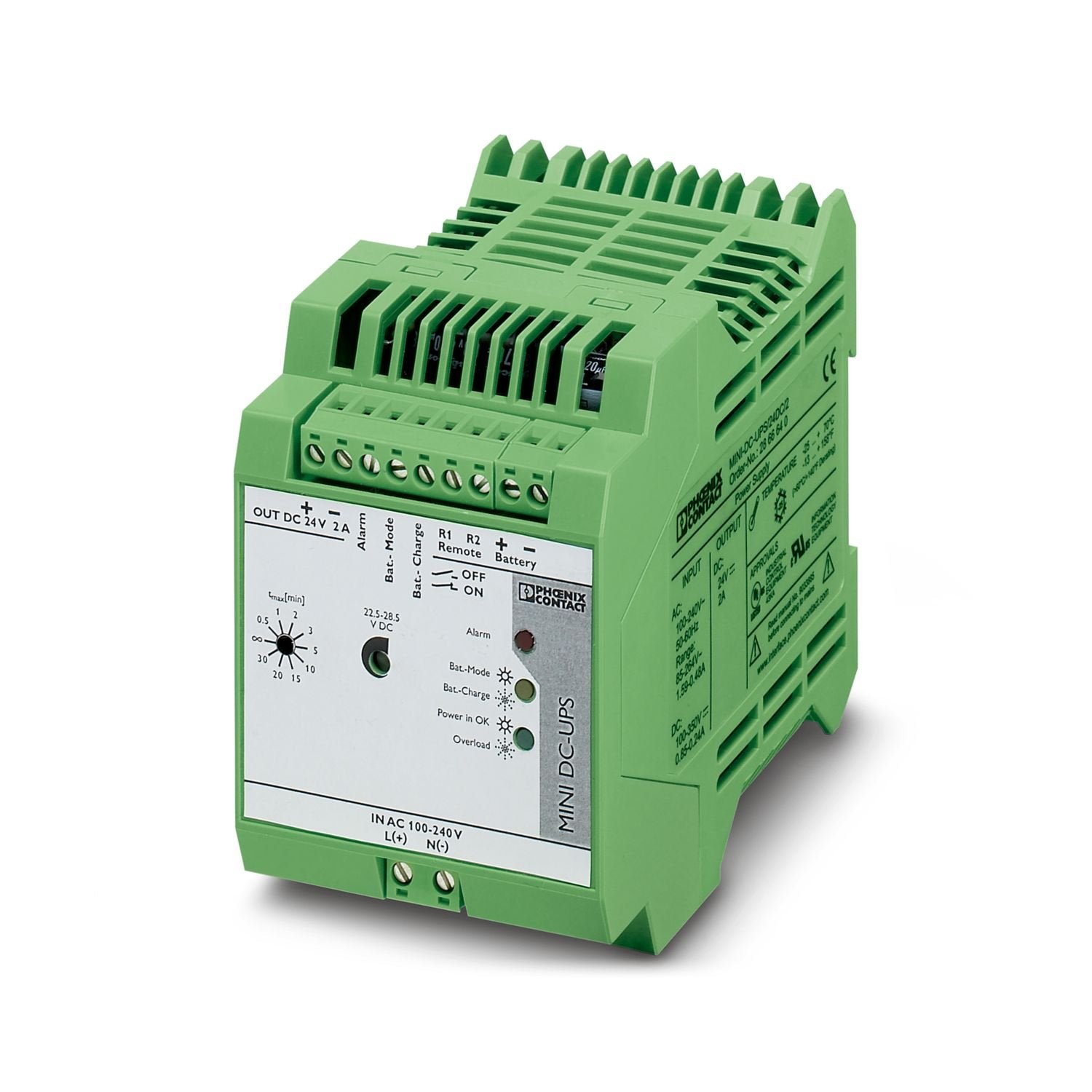 Uninterruptible power supply with integrated power supply unit, 2 A, in combination with MINI-BAT/24/DC 0.8 AH or 1.3 AH