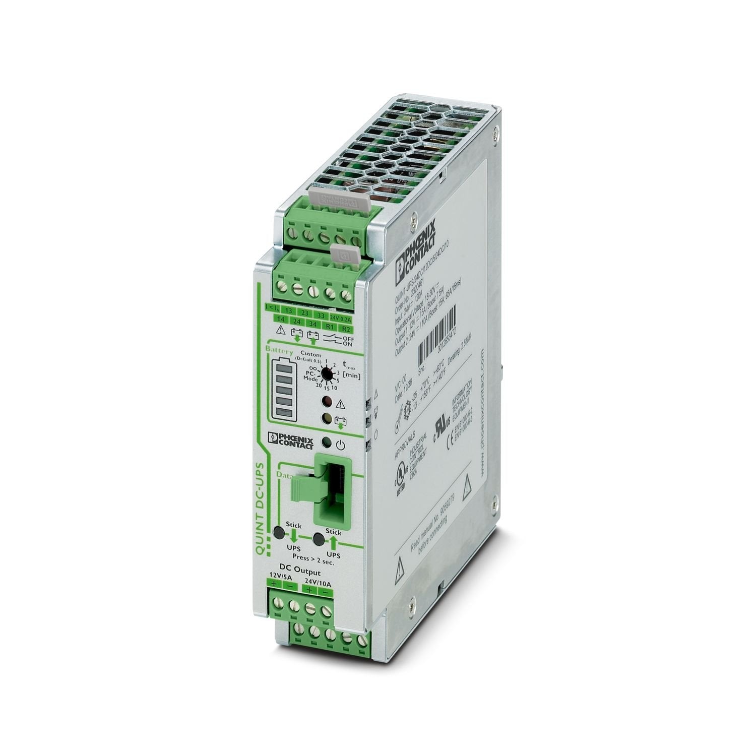 Uninterruptible power supply with IQ technology for DIN rail mounting, input: 24 V DC, output: 24 V DC/10 A and 12 V DC/5 A, including mounted universal DIN rail adapter UTA 107/30