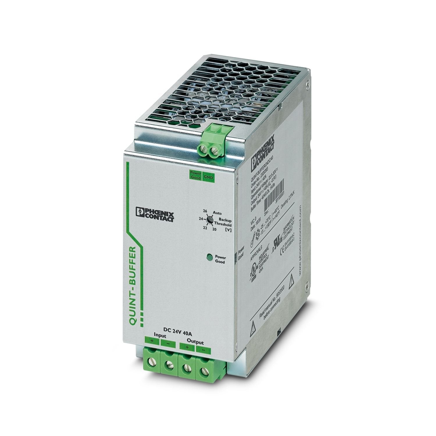 QUINT buffer module with maintenance-free capacitor-based energy storage for DIN rail mounting, decoupled input: 24 V DC, decoupled output: 24 V DC/40 A, with integrated SFB (Selective Fuse Breaking) Technology, including mounted UTA 107 universal DIN rail adapter