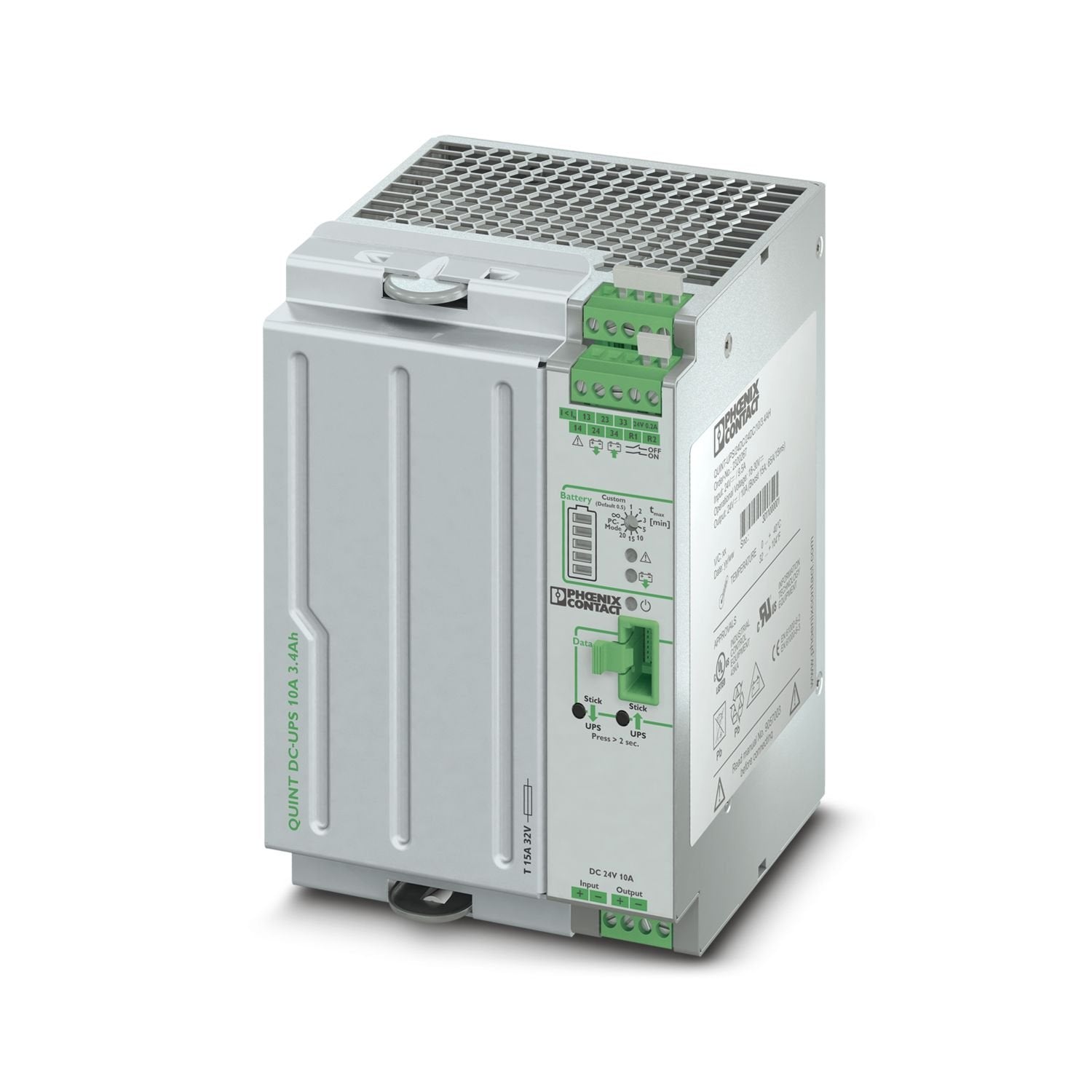 Uninterruptible power supply with IQ Technology and integrated battery for DIN rail mounting, input: 24 V DC, output: 24 V DC/10 A, battery: lead AGM 4 Ah, including mounted universal DIN rail adapter UTA 107/30