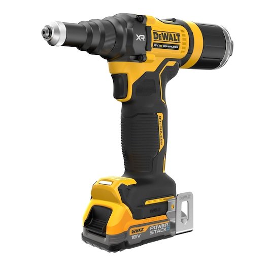 18V XR BRUSHLESS 4.8mm Rivet Tool 3/4 front view (with 5AH POWERSTACK battery)