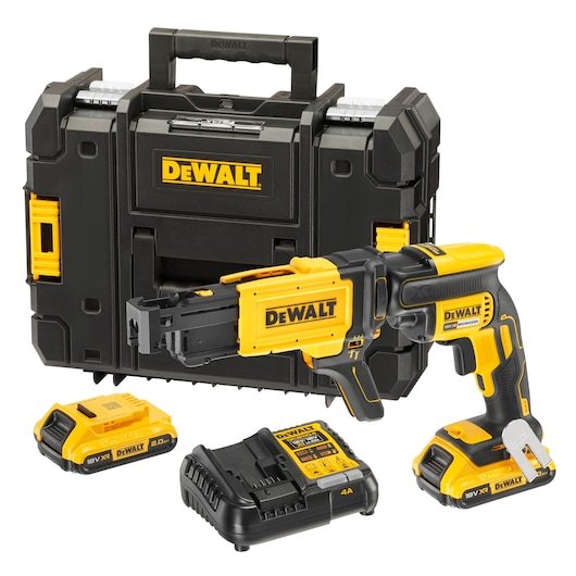 Kit includes DCF620 18V XR Brushless Drywall Screwdriver, x2 DCB183 2.0Ah batteries, DCB1104 charger and storage box