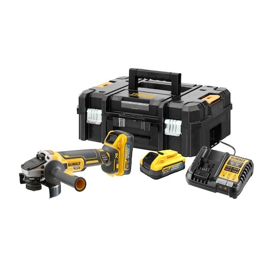 3/4 view of 18V XR Brushless 125mm Grinder on white background