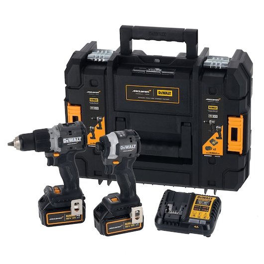 DEWALT/McLaren kit comprising of Drill Driver DCD85M, Impact Driver DCF850, 2 X 18V 4Ah batteries, charger DCB1104 and case