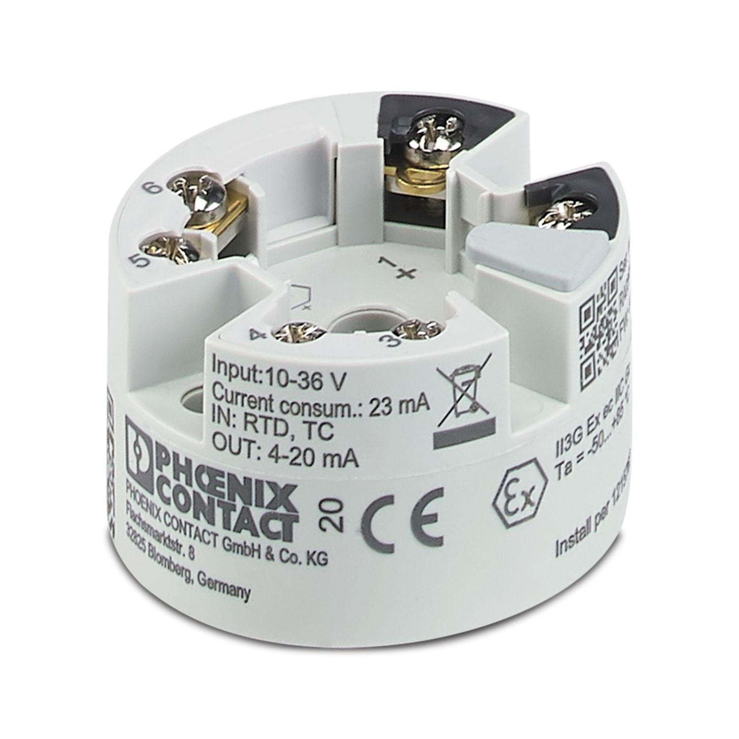 Output loop-powered head transmitter for transmitting RTD and TC sensor signals, as well as from resistance and voltage sensors via 4 mA ... 20 mA. HART, Standard configuration, Screw connection