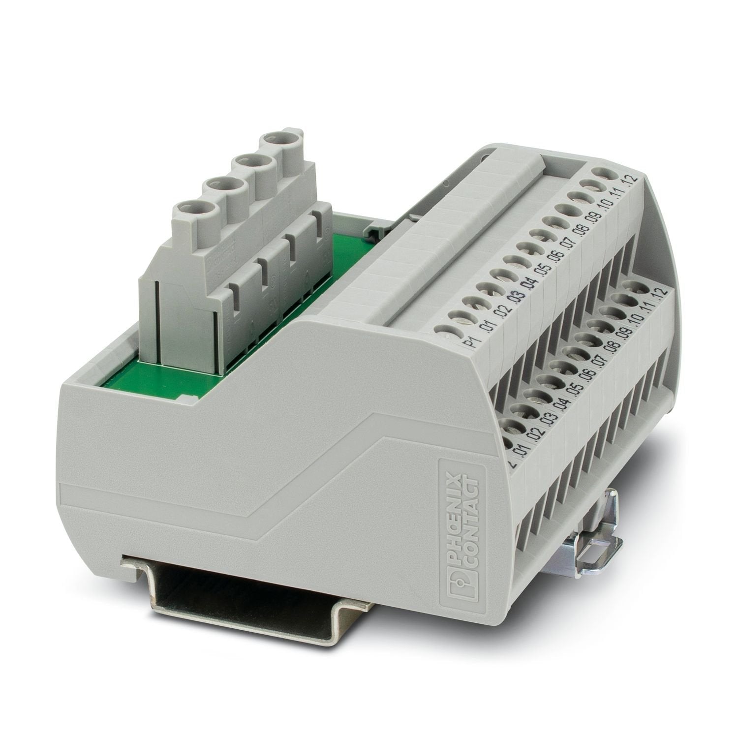 VARIOFACE module, with two equipotential busbars (P1, P2) for potential distribution, for mounting on NS 35 rails. Module width: 70.4 mm