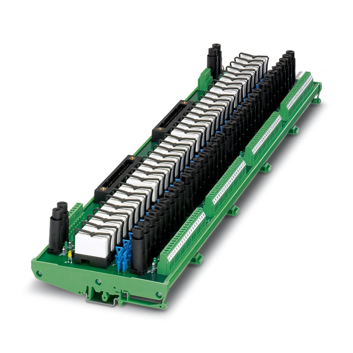 32-channel output relay module (one N/O contact or one N/C contact) with a screw connection and a fuse (1 A). The voltage supply and 50-pos. system connector are designed redundantly. Suitable for the Yokogawa ADV551 and ADV561 cards.