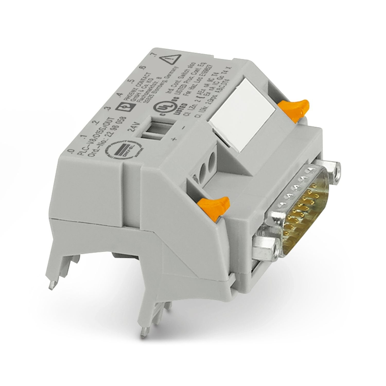 V8 adapter for 8 x PLC-INTERFACE (6.2 mm), controller: PLC system cabling of output cards, connection 1: D-SUB pin strip 1x 15-position, connection 2: Plug-in connection (Can be snapped onto 8x PLC-INTERFACE terminals), connection 3: Screw connection 1x 2-position, number of channels: 8, control logic: positive switching