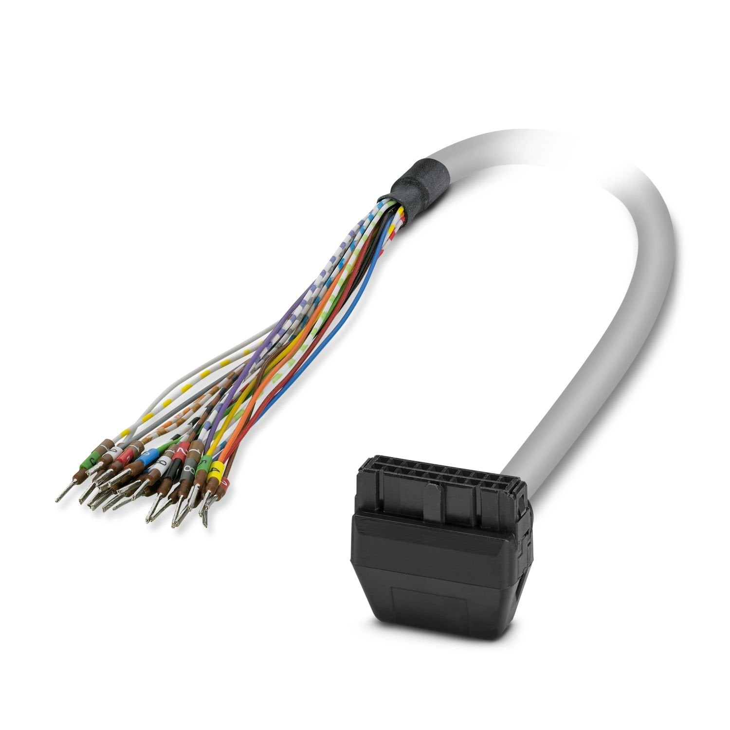 Round cable set; connection 1: Single wires (20-position) (The wires are marked and fitted with ferrules); connection 2: IDC/FLK socket strip (1x 20-position, 90 °-out put); cable length: 1.5 m