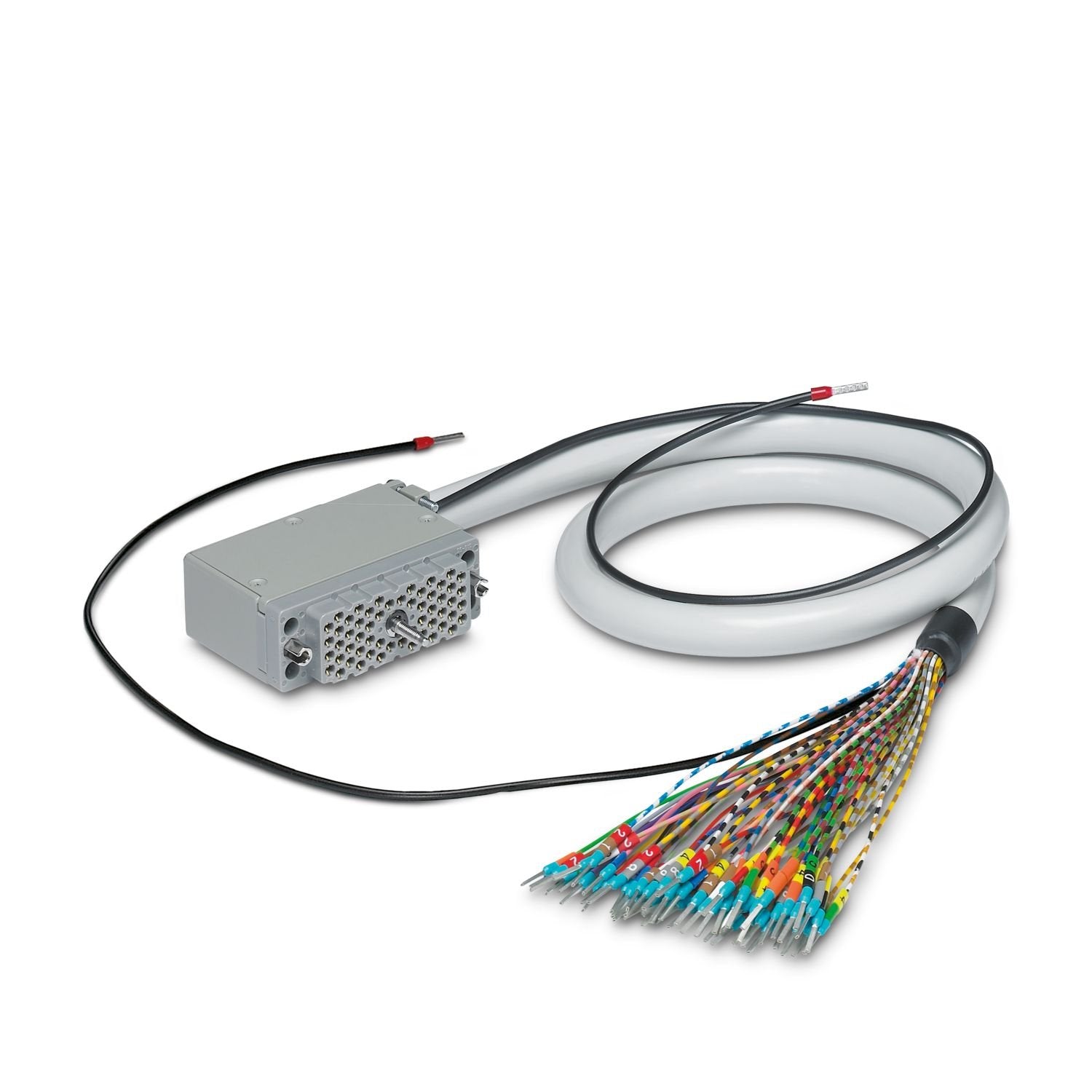 Assembled shielded round cable; connection 1: Single wires (56-position) (The wires are marked and fitted with ferrules. The braided shield is routed to a separate cable end.); connection 2: EDAC/ELCO socket strip (1x 56-position); cable length: variable