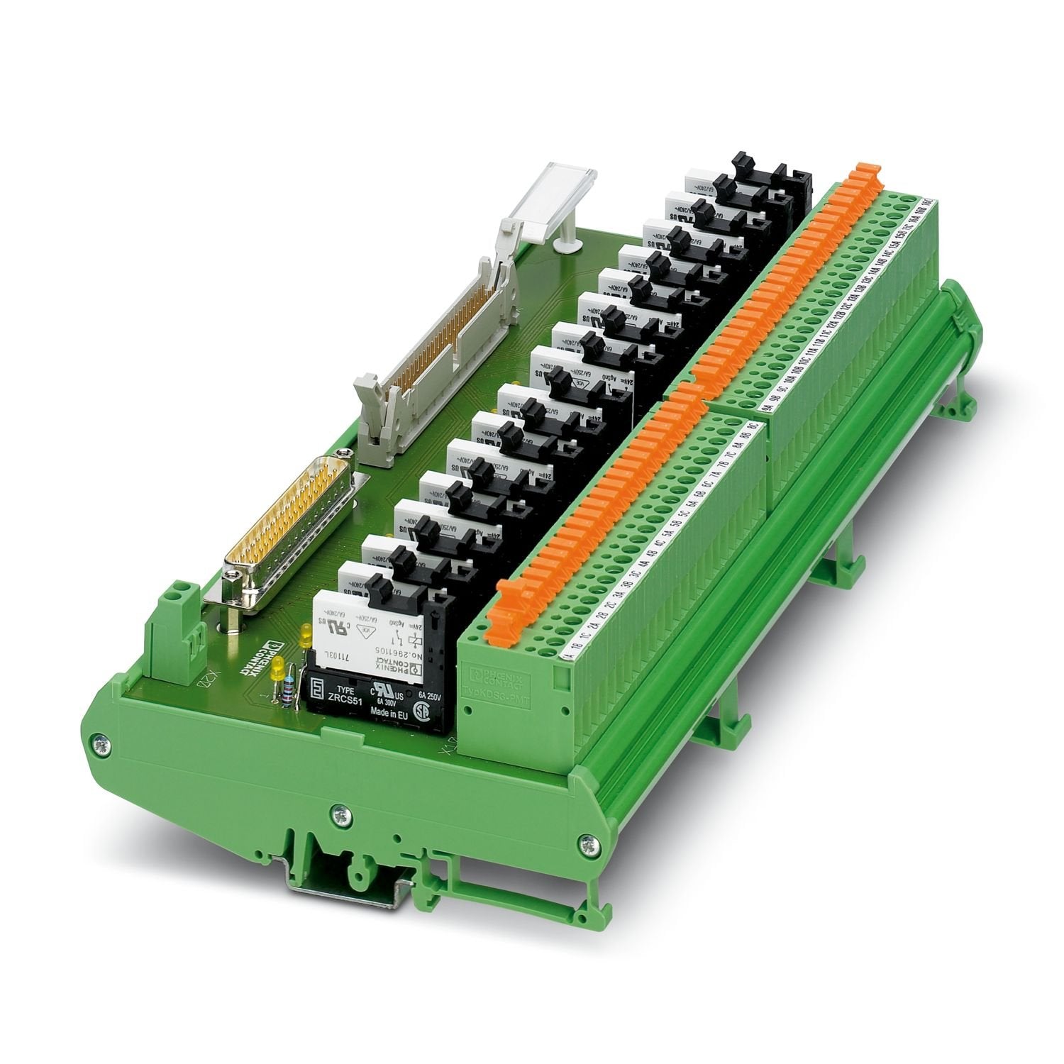 16-channel relay module (1 changeover contact) for Honeywell C300 output modules. On the control side, the module is controlled via D-SUB 37-pos. or FLK 50-pos. A screw connection with knife disconnection is available on the field side.