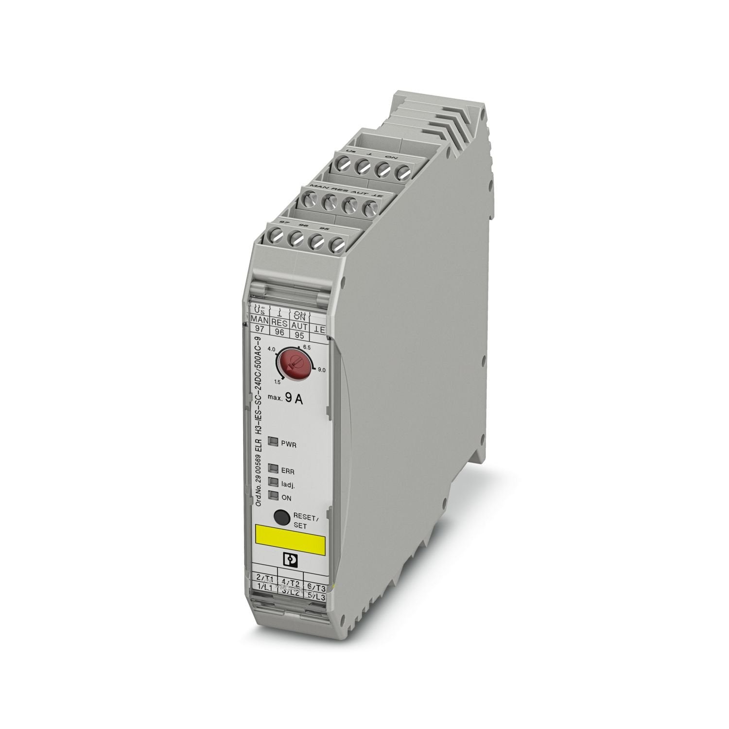 Hybrid motor starter for starting 3~ AC motors up to 500 V AC and 9 A output current, with 24 V DC control voltage, adjustable overload shutdown and emergency stop function to SIL3 /PL e, and screw connection.