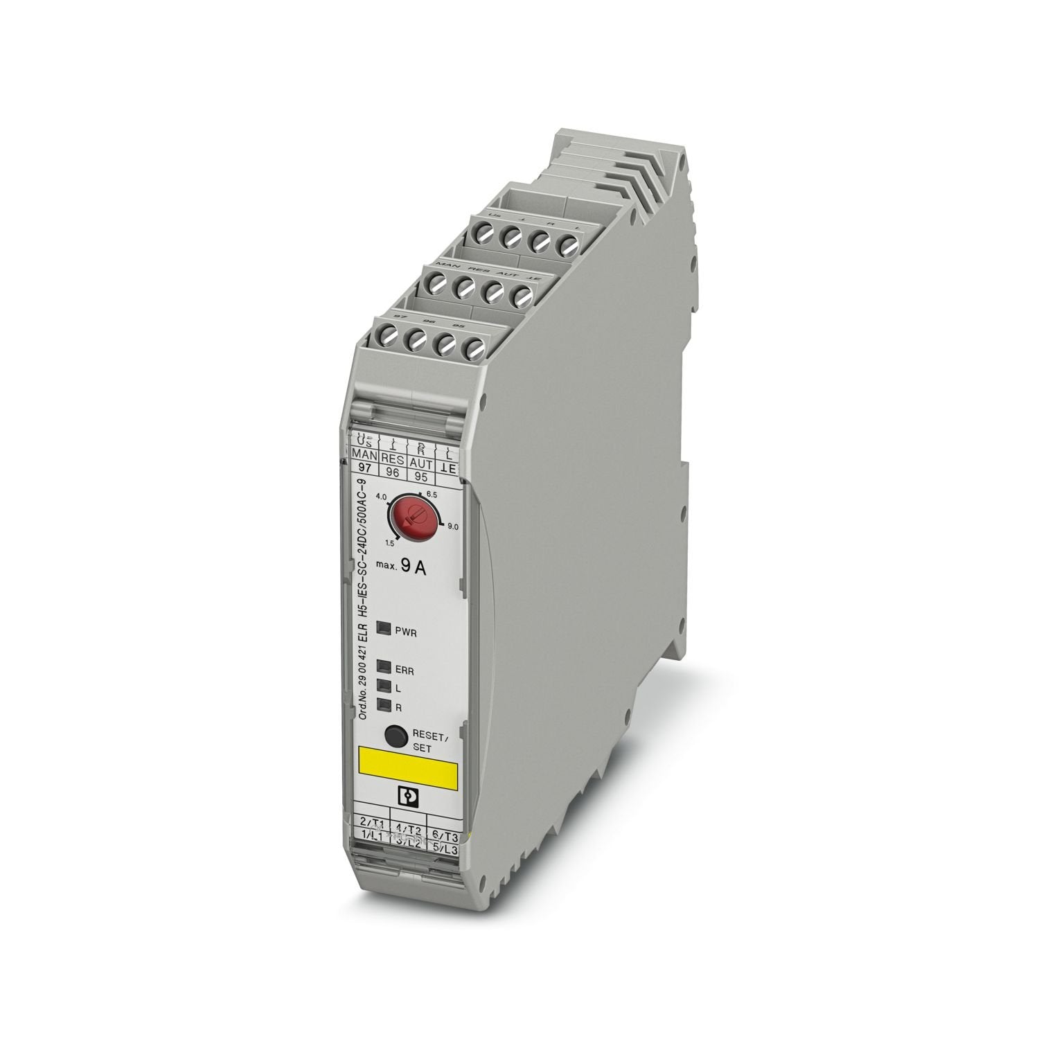 Hybrid motor starter for reversing 3~ AC motors up to 500 V AC and 9 A output current, with 24 V DC control voltage, adjustable overload shutdown, emergency stop function to SIL 3/PL e, and screw connection.