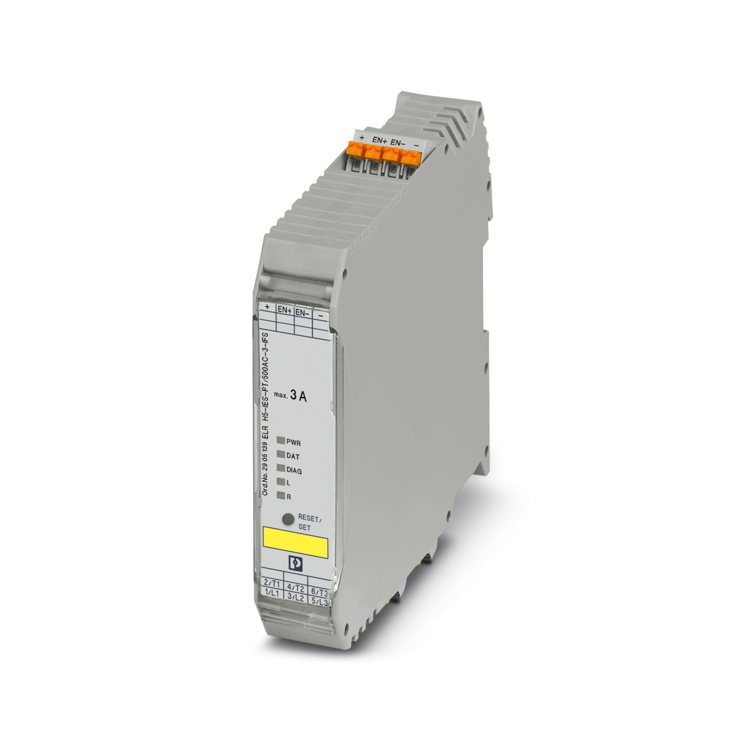 Networkable hybrid motor starter for reversing 3~ AC motors up to 500 V AC and 3 A output current, with adjustable overload shutdown, emergency stop function to SIL 3 / PL e and push-in connection, DIN rail connector provided.