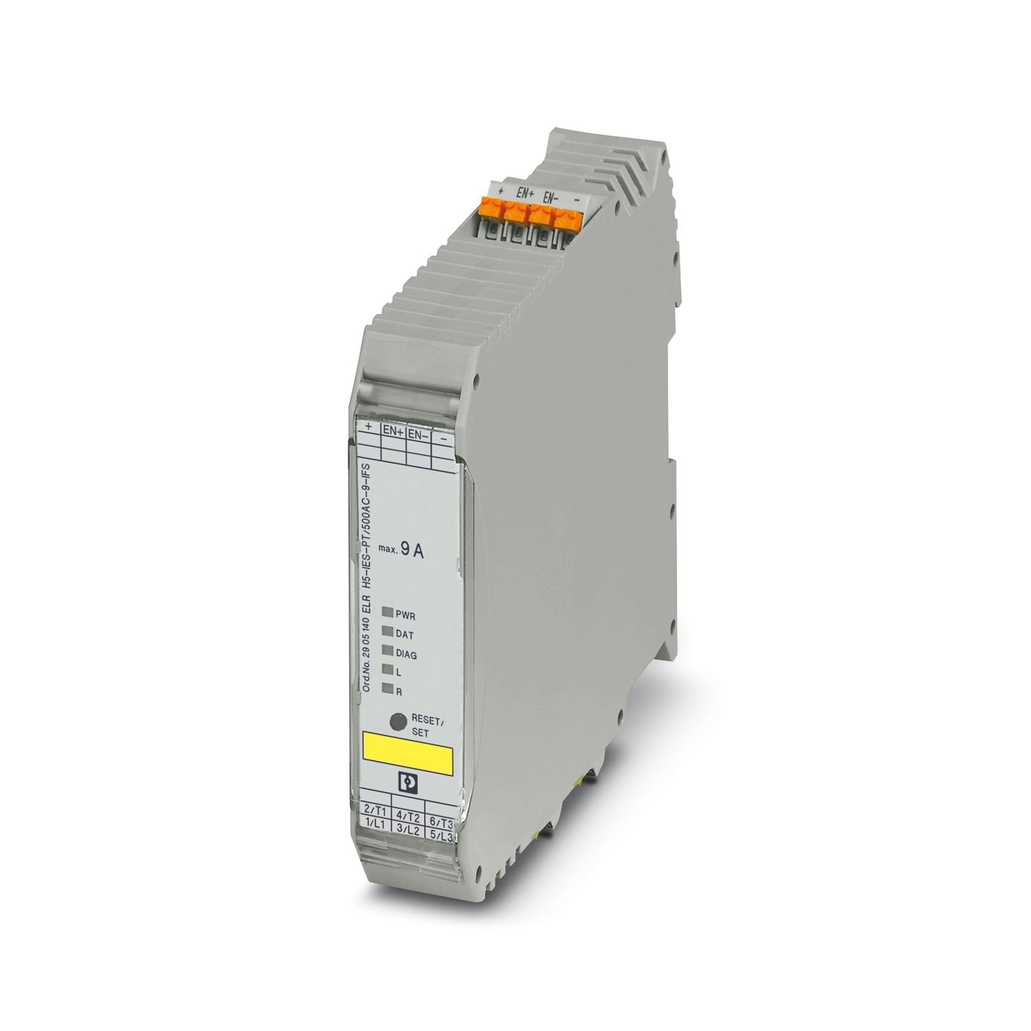 Networkable hybrid motor starter for reversing of 3~ AC motors up to 500 V AC and 9 A output current, with adjustable overload shutdown, emergency stop function to SIL 3 / PL e and push-in connection, DIN rail connector provided.