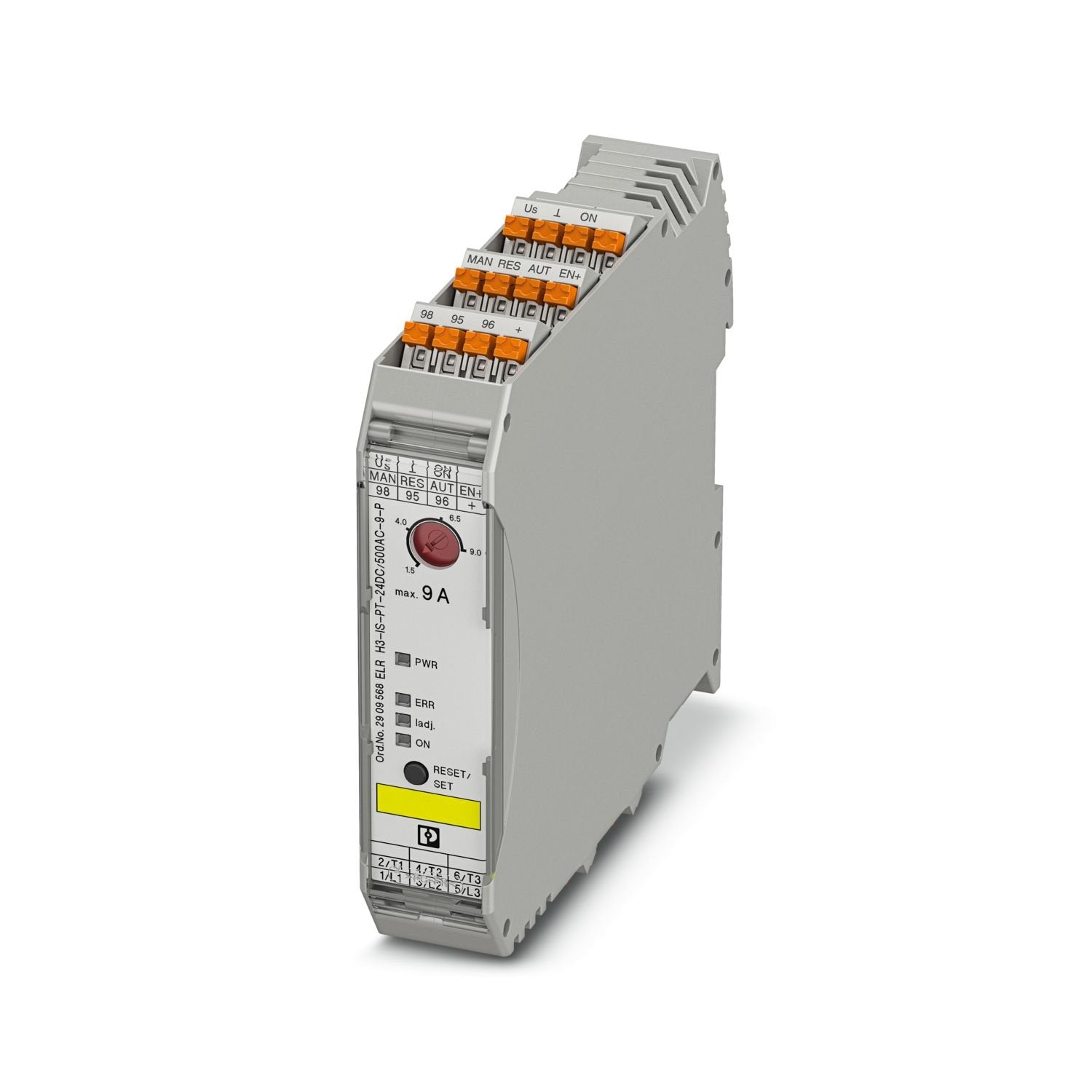 Hybrid motor starter as an alternative to a conventional protective circuit. Starts 3~ AC motors up to 9 A, provides motor protection and emergency stop up to SIL 3/PL e. Group shut-down, supply, and relay extension possible via DIN rail connector.