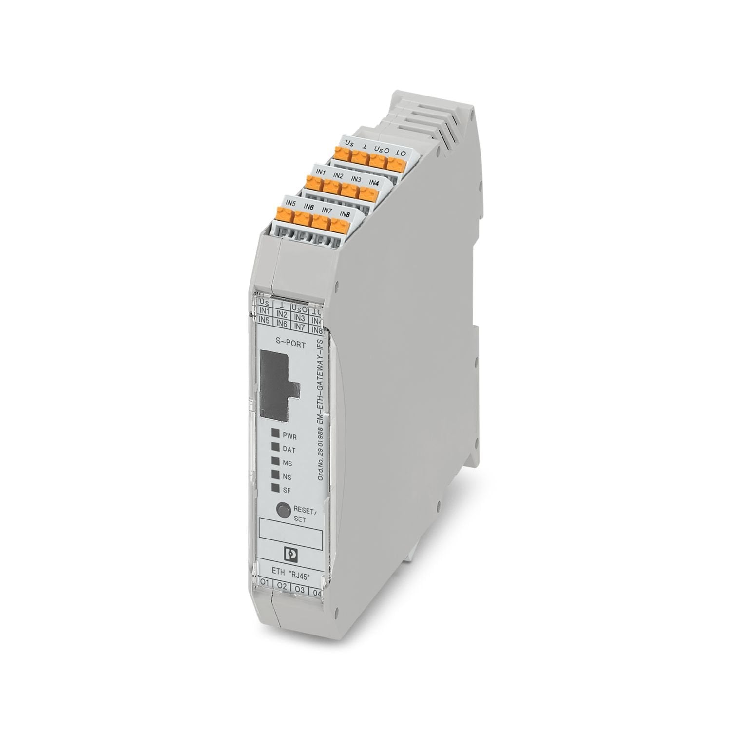 Gateway for the connection of up to 32 Interface system devices to a higher-level controller via EtherNet/IP™. The Interface system devices are connected to the gateway via DIN rail connectors. The DIN rail connectors are provided.