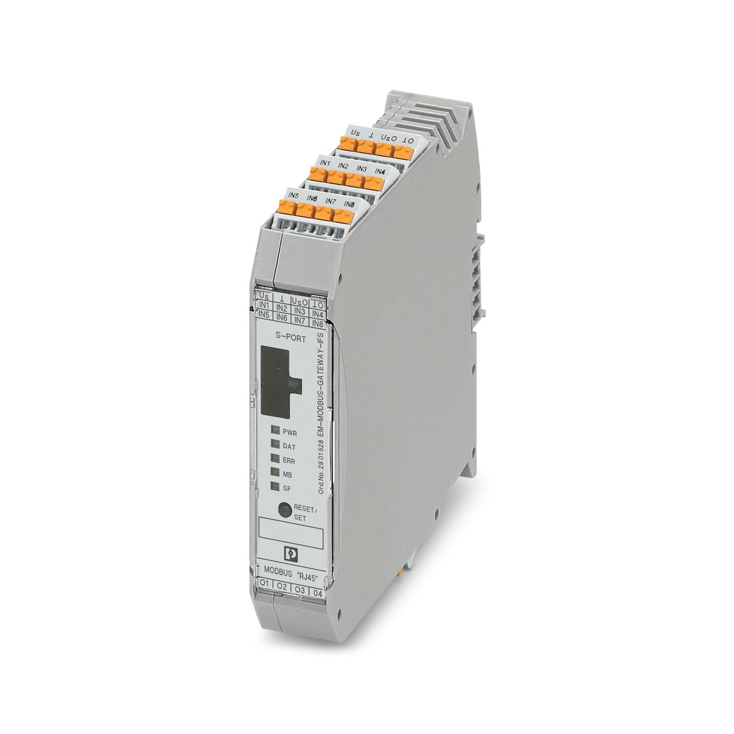Gateway for the connection of up to 32 Interface system devices to a higher-level controller via Modbus/TCP. The Interface system devices are connected to the gateway via DIN rail connectors. The DIN rail connectors are provided.