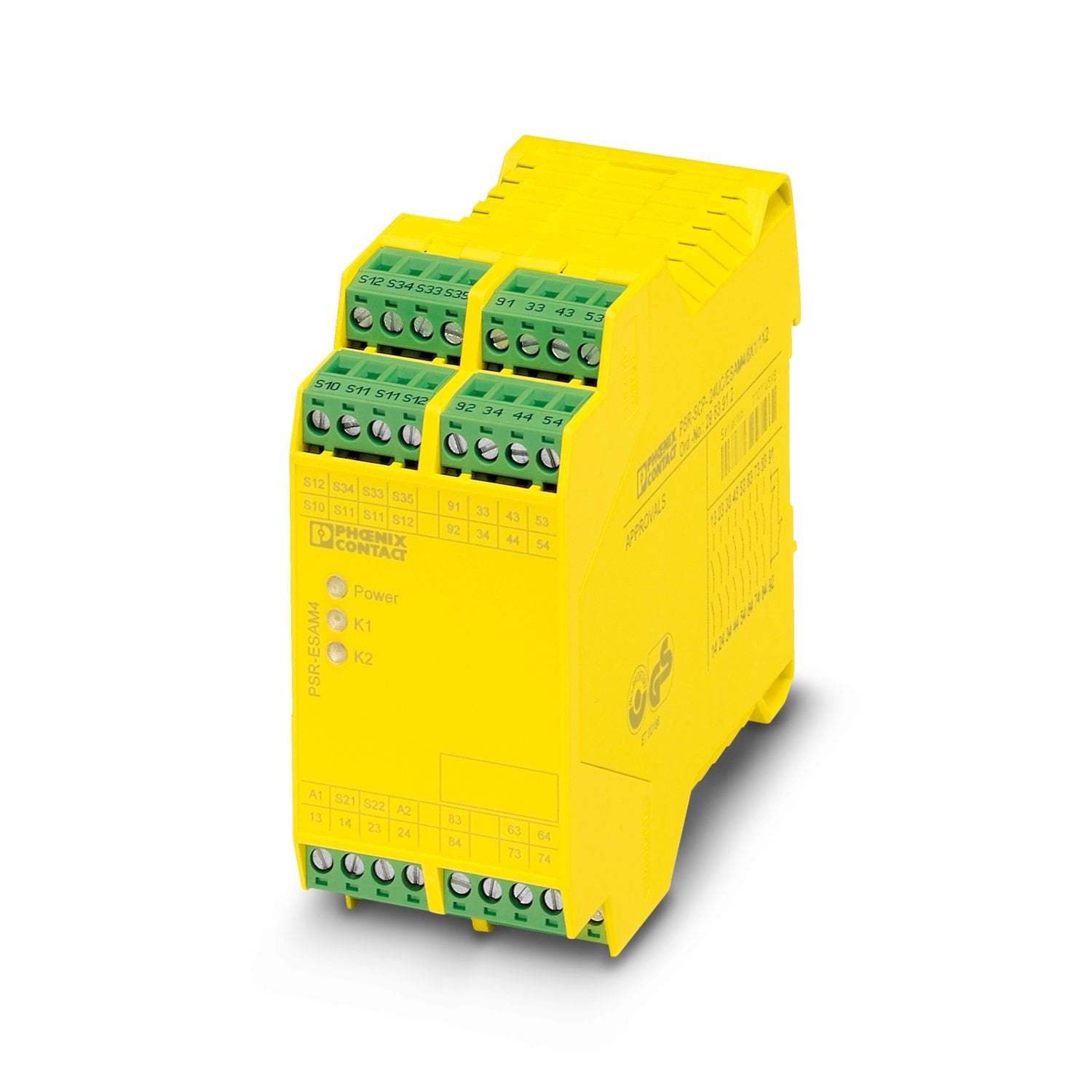 Safety relay for emergency stop and safety door monitoring up to SIL 3 or Cat. 4, PL e in accordance with EN ISO 13849, 1- or 2-channel operation, 8 enabling current paths, U S = 24 V DC, plug-in screw terminal block