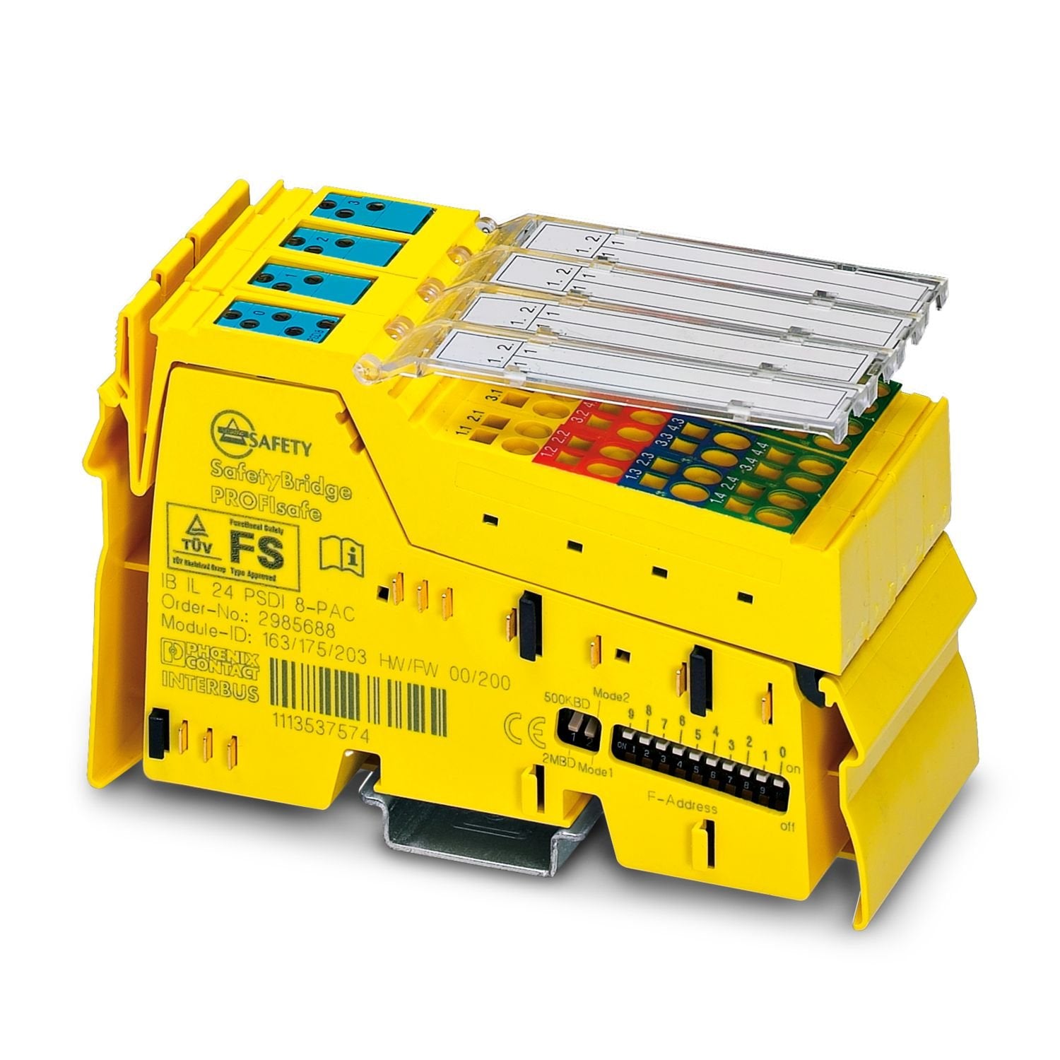 Safety-related digital input module, IP20 protection, for the SafetyBridge, INTERBUS-Safety, and PROFIsafe system. The module has 4 safe digital inputs for two-channel assignment or 8 safe digital inputs for single-channel assignment.