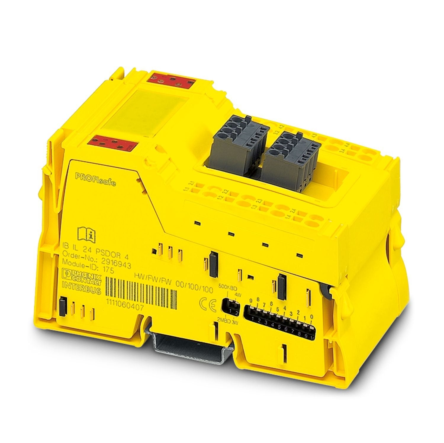 Safety-related decentralized relay output module, IP20 degree of protection, for SafetyBridge, INTERBUS-Safety, and PROFIsafe systems. The module has four safe relay outputs, each with two contacts.