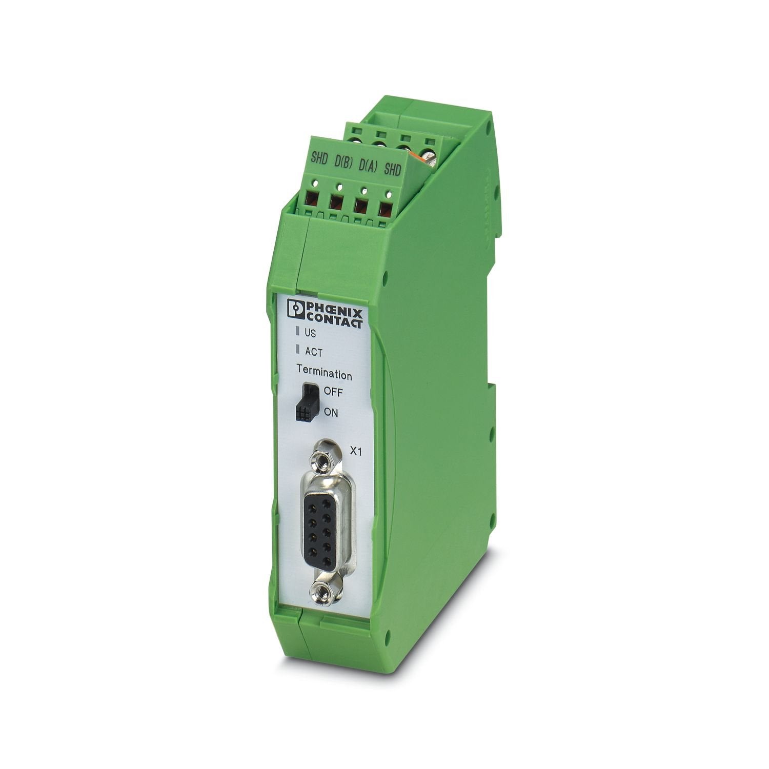 Active termination resistor for PROFIBUS and RS-485 bus systems, redundant power supply, routing of the supply voltage via DIN rail connector, electrical isolation, switchable termination, integrated programming interface
