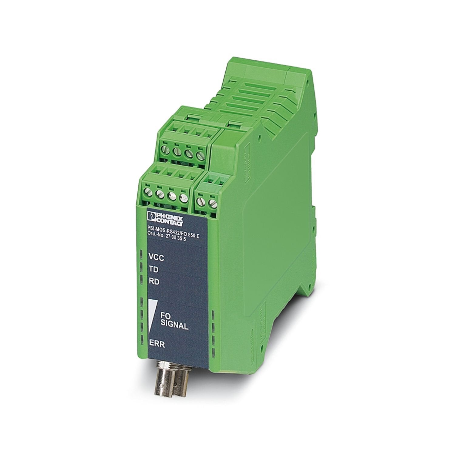 FO converter with integrated optical diagnostics, alarm contact, for RS-422/RS-485 4-wire/INTERBUS up to 2 Mbps, terminal device with one FO interface (BFOC), 850 nm, for PCF/fiberglass cable (multimode)