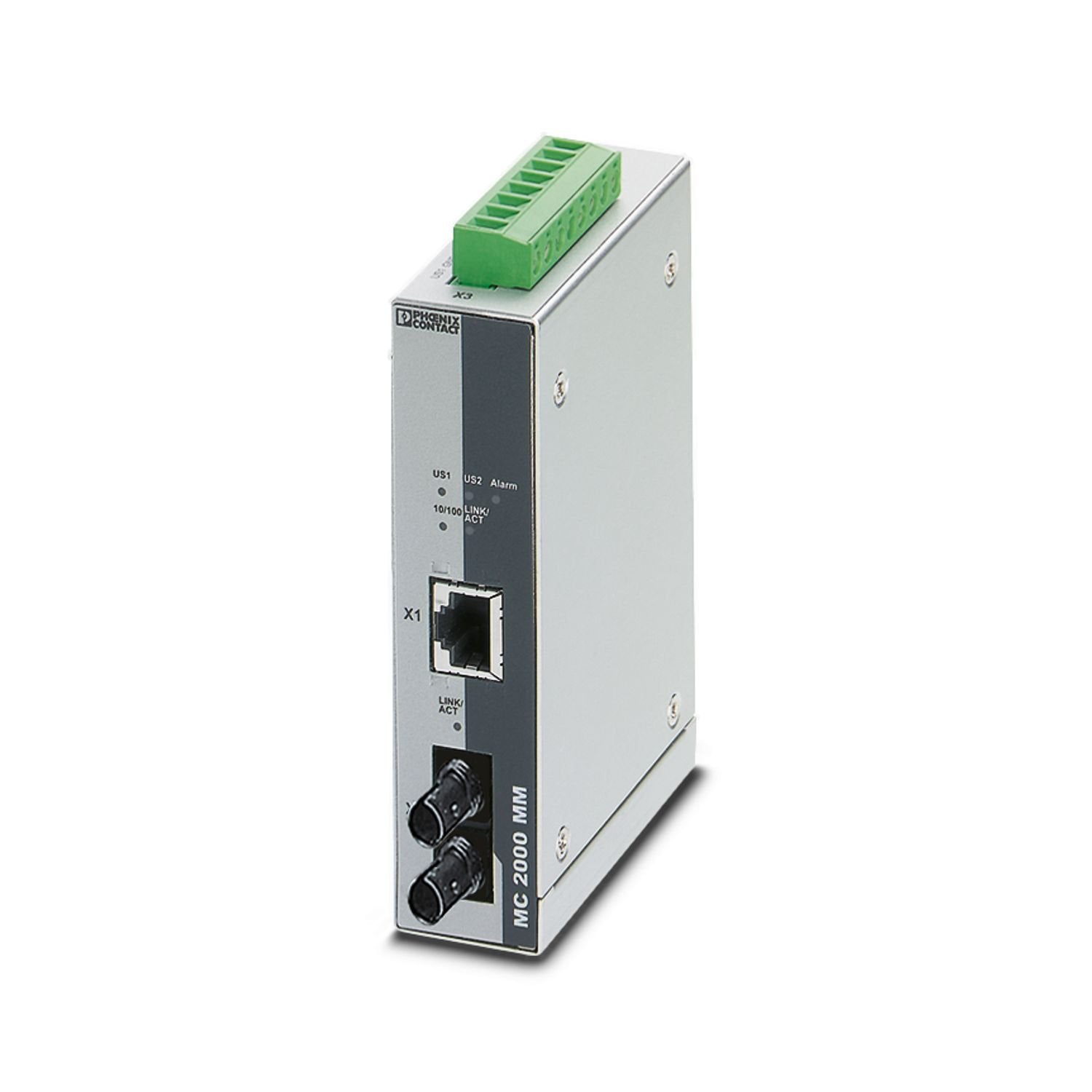 FO converter with ST fiber optic connection (1300 nm), for converting 100Base-TX to multi-mode fiberglass. Auto MDI(X) function and comprehensive link diagnostics. DIN rail mountable with wide operating temperature range.