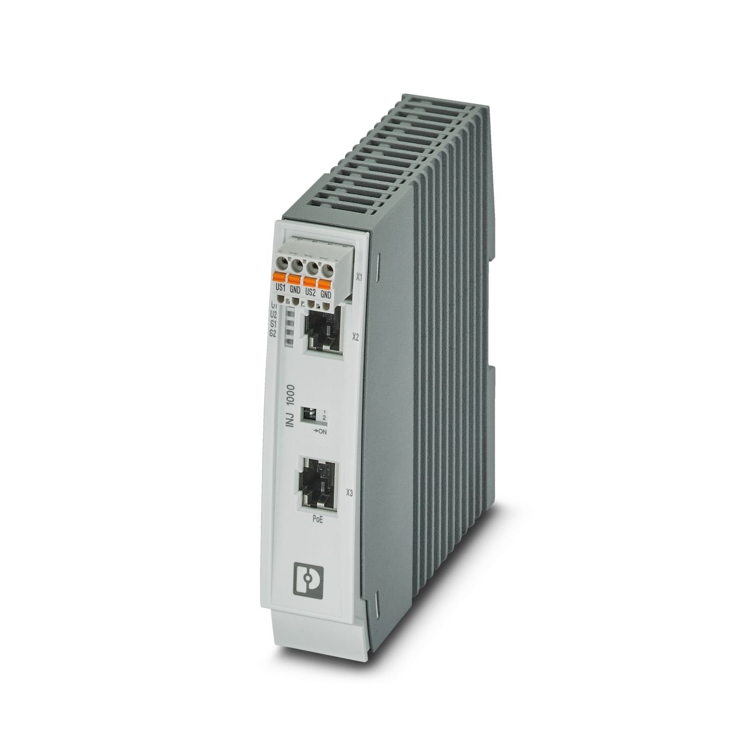 PoE injector, 30 W, two RJ45 jacks, 10/100/1000 Mbps, DIN rail mounting, IP20