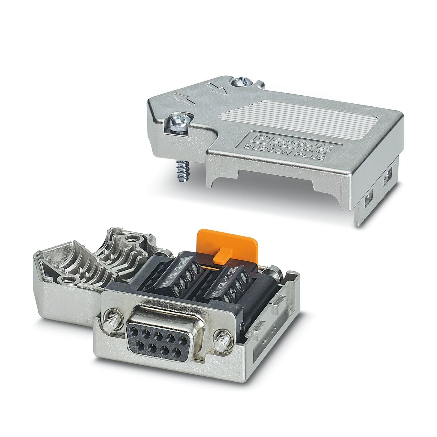 D-SUB connector, 9-pos. socket, two 35° cable outlets to two terminal block rows, bus system: CAN, CANopen®, SafetyBUS p up to 1 Mbps, termination resistor can be switched on via slide switch, pin assignment: 2, 3, 7, 9; screw connection terminal blocks
