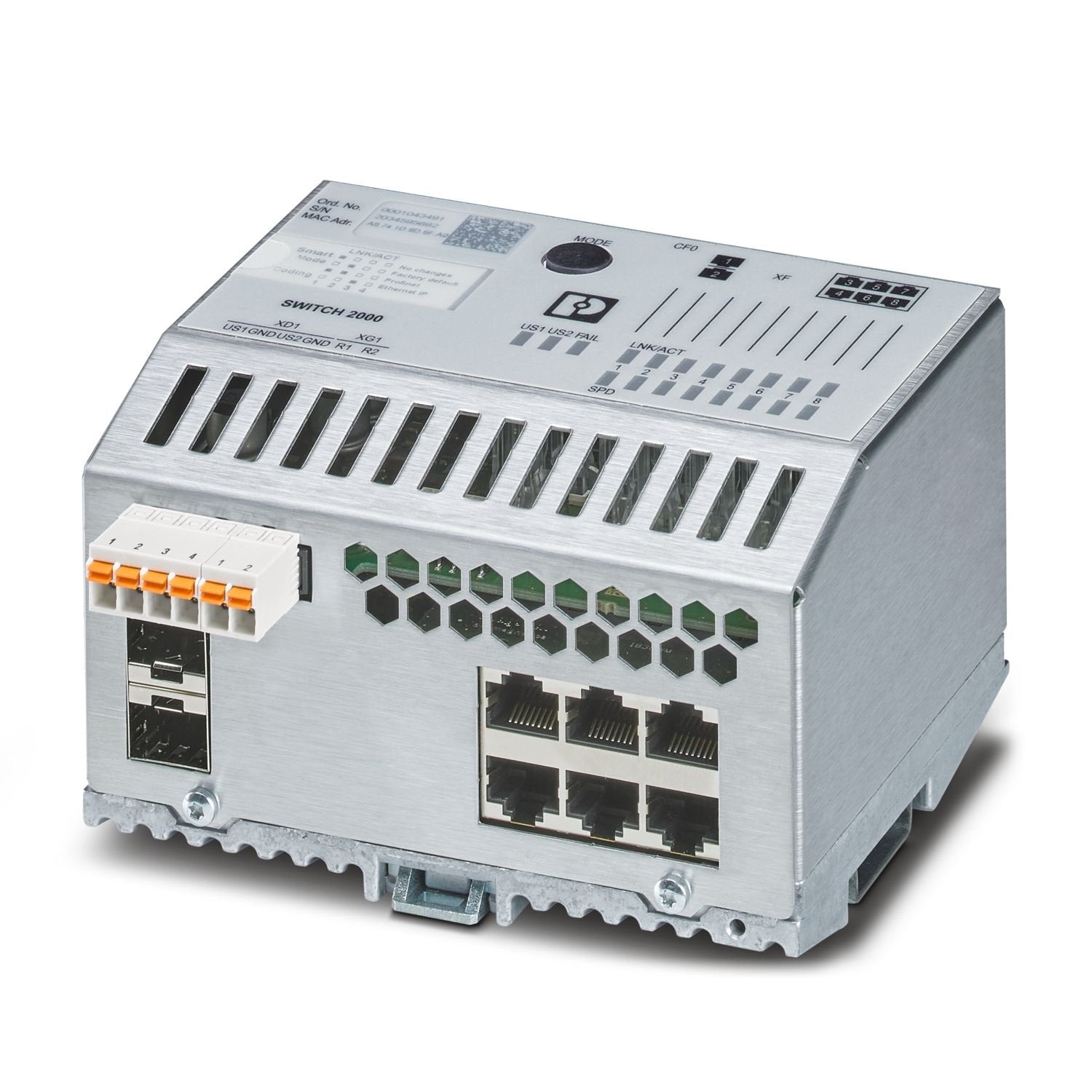 Managed Switch 2000 series, 6 RJ45 ports 10/100/1000 Mbps, 2 SFP ports 100/1000 Mbps, degree of protection: IP20, Ambient temperature (operation): -40 °C ... 70 °C, Supply voltage range: 19 V DC ... 32 V DC, PROFINET Conformance Class B, Extended temperature range, Development process certified in accordance with IEC 62443-4-1, Compatible with IEC 62443-4-2