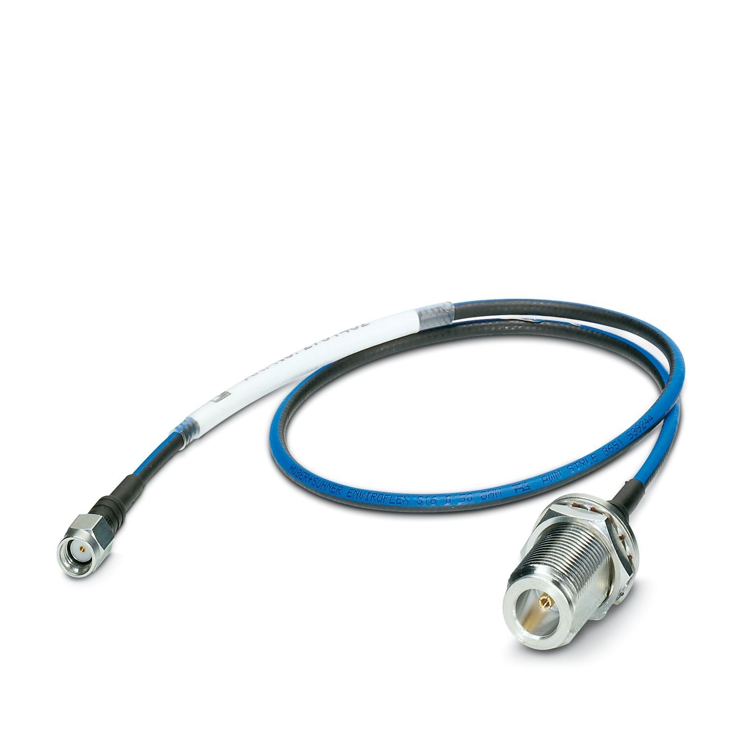 Antenna cable for control cabinet feed-through, outside diameter: 3.2 mm (0.126 in.), inner conductor: stranded, attenuation: 0.6 / 0.9 / 1.4 dB at 0.9 / 2.4 / 5.8 GHz, connection: N (female) -> RSMA (male), cable length: 0.5 m (1.6 ft.)