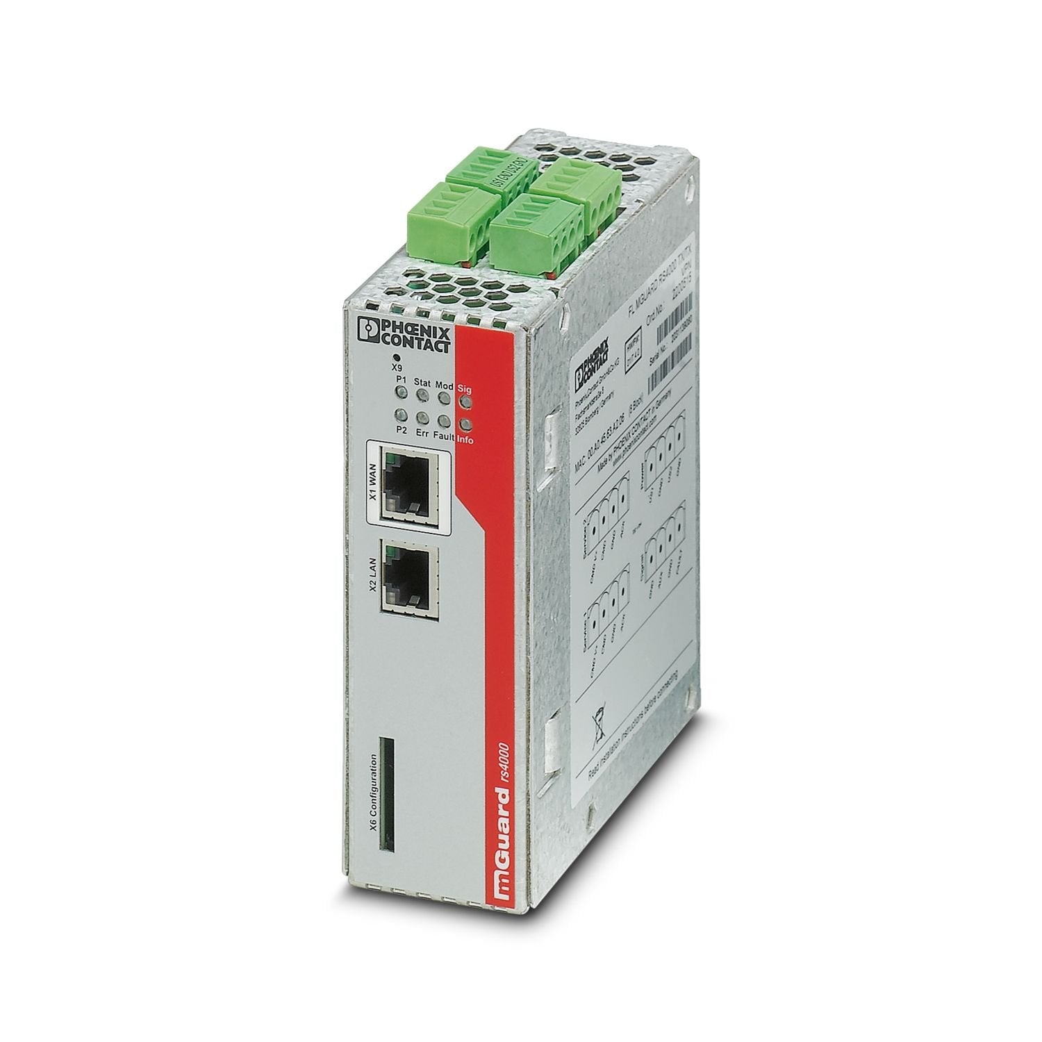 Security appliance in metal housing, with extended temperature range, SD card slot, VPN for 10 VPN tunnels (optionally up to 250 with additional license), intelligent firewall with full scope of functions for maximum security and easy configuration, router with NAT/1:1 NAT, optional CIFS integrity monitoring