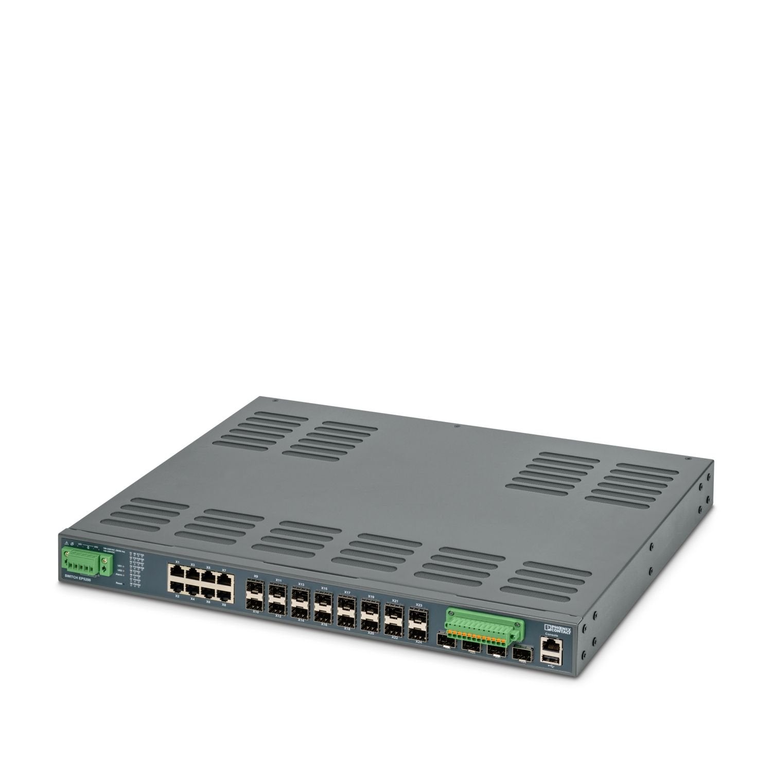 Managed switch with 8 RJ45 ports at 10/100/1000 Mbps, 16 SFP ports at 100/1000 Mbps, 4 SFP ports at 1000/10000 Mbps, operating temperature of -40 ... +85 °C, and 24 ... 48 V DC power supply