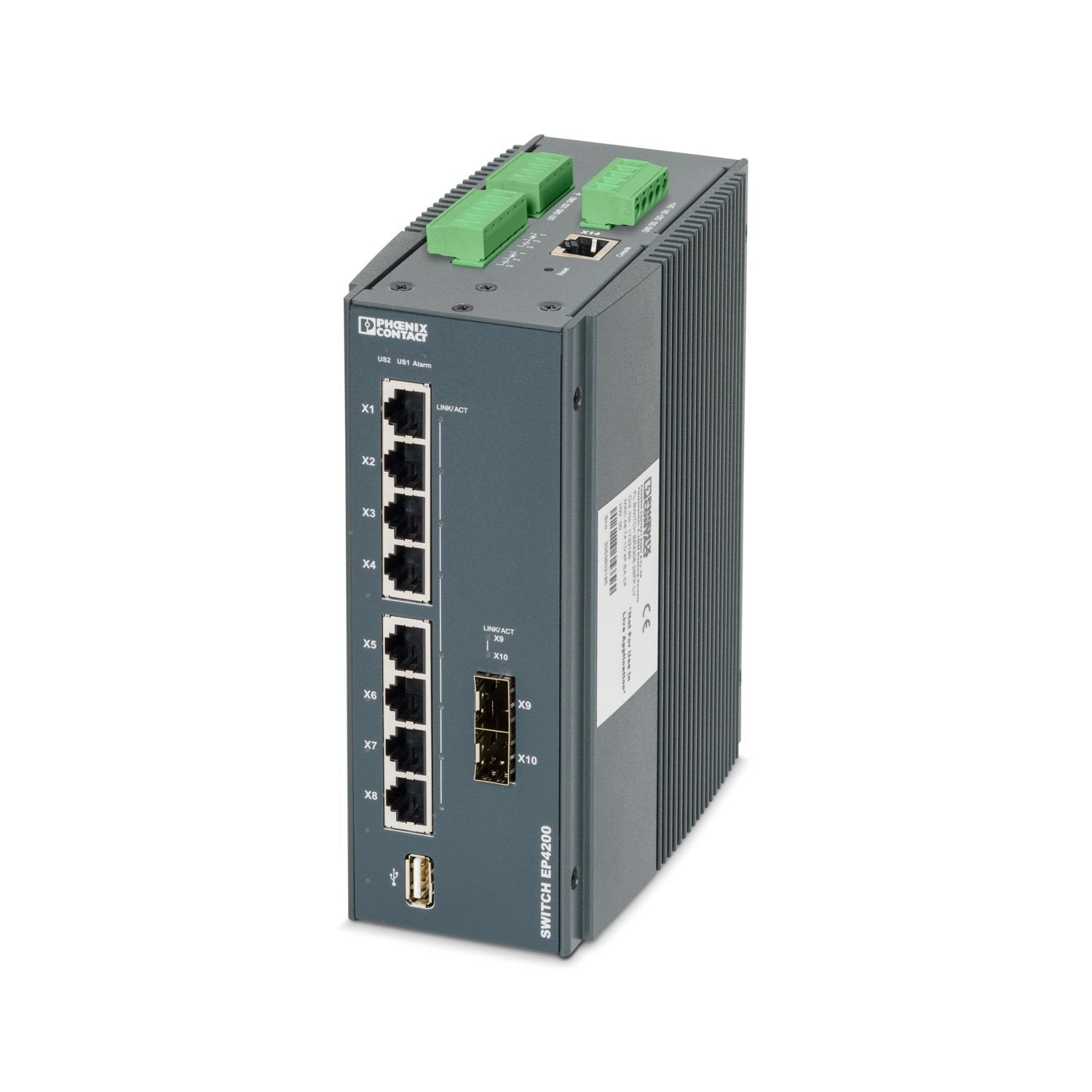 Managed switch with eight RJ45 ports at 10/100/1000 Mbps, two SFP ports at 100/1000 Mbps, and operating temperature of -40 ... +85°C, redundant power supply: 12 V DC ... 48 V DC