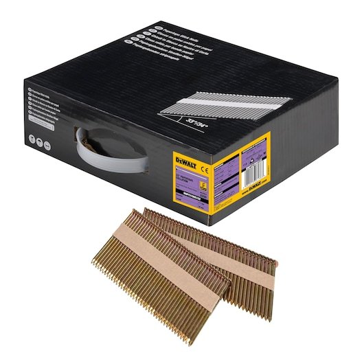 3/4 view box of 90mm papertape galvanised plain shank framing nails with x2 strips of nails in foreground