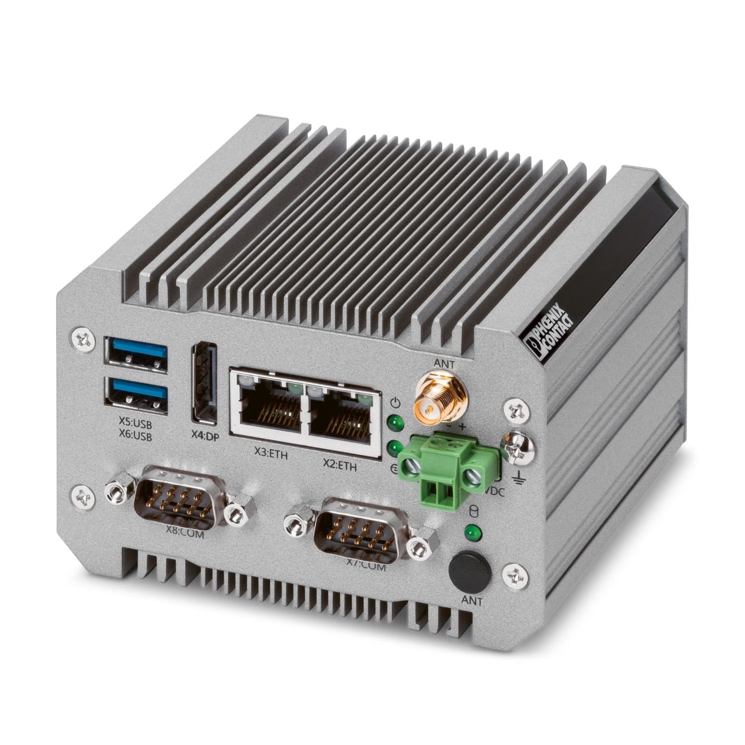 IP30-rated fanless industrial box PC (BPC) with energy-efficient Intel® Celeron® N3350 processor, 32 GB eMMC mass storage, open M.2 slot, and 2x COM ports