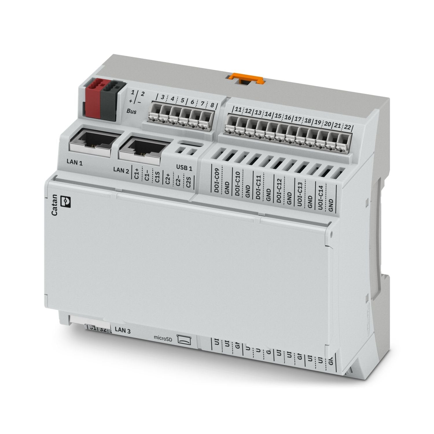 Controller for building automation. 14 configurable inputs and outputs. Interfaces: 3 x Ethernet, 2 x RS-485, 2 x USB-C, TP for room automation, 2 x SPE for Catan extension modules. Local override operation via Catan Control Panel.