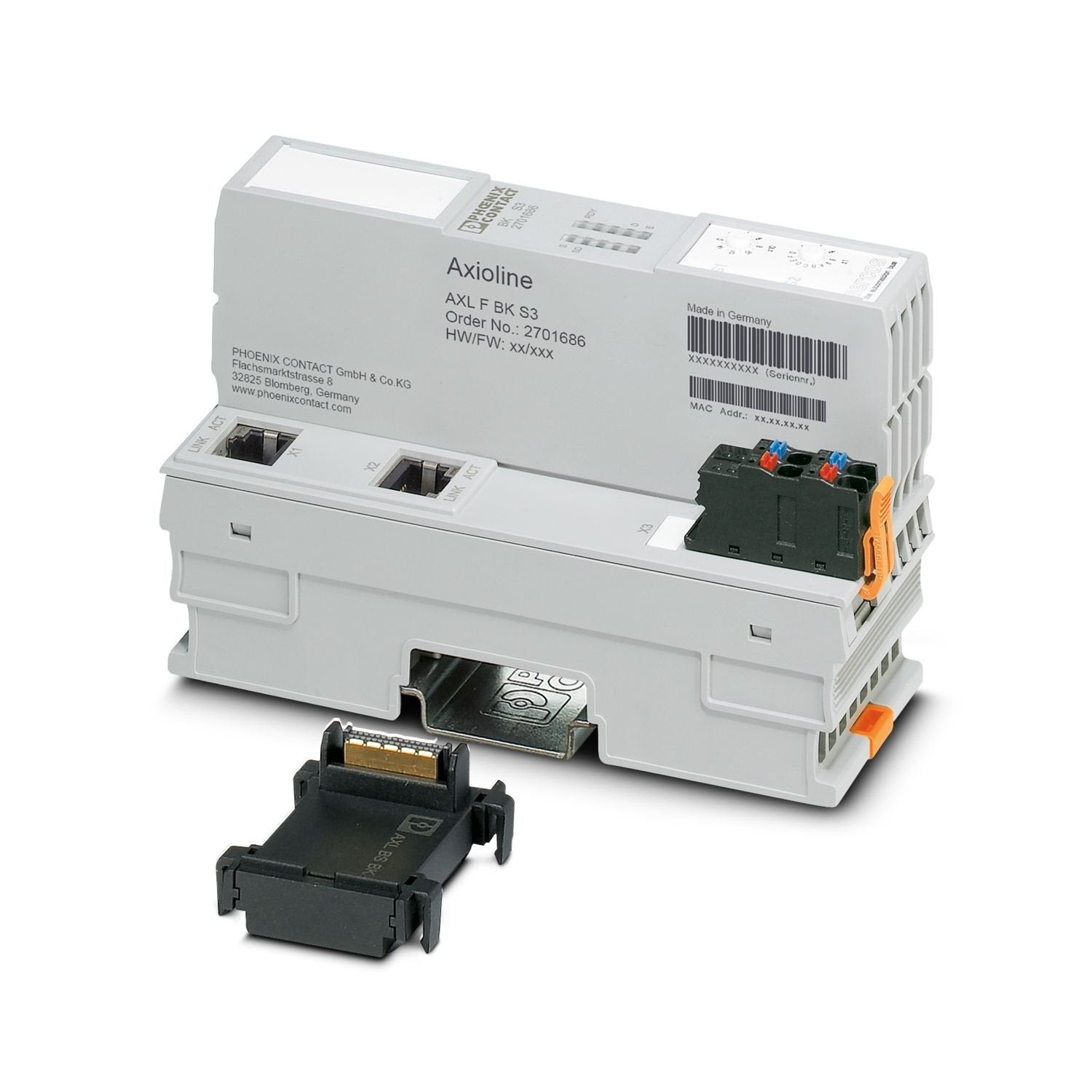 Axioline F, Bus coupler, Sercos, RJ45 jack, transmission speed in the local bus: 100 Mbps, degree of protection: IP20, including bus base module and Axioline F connector