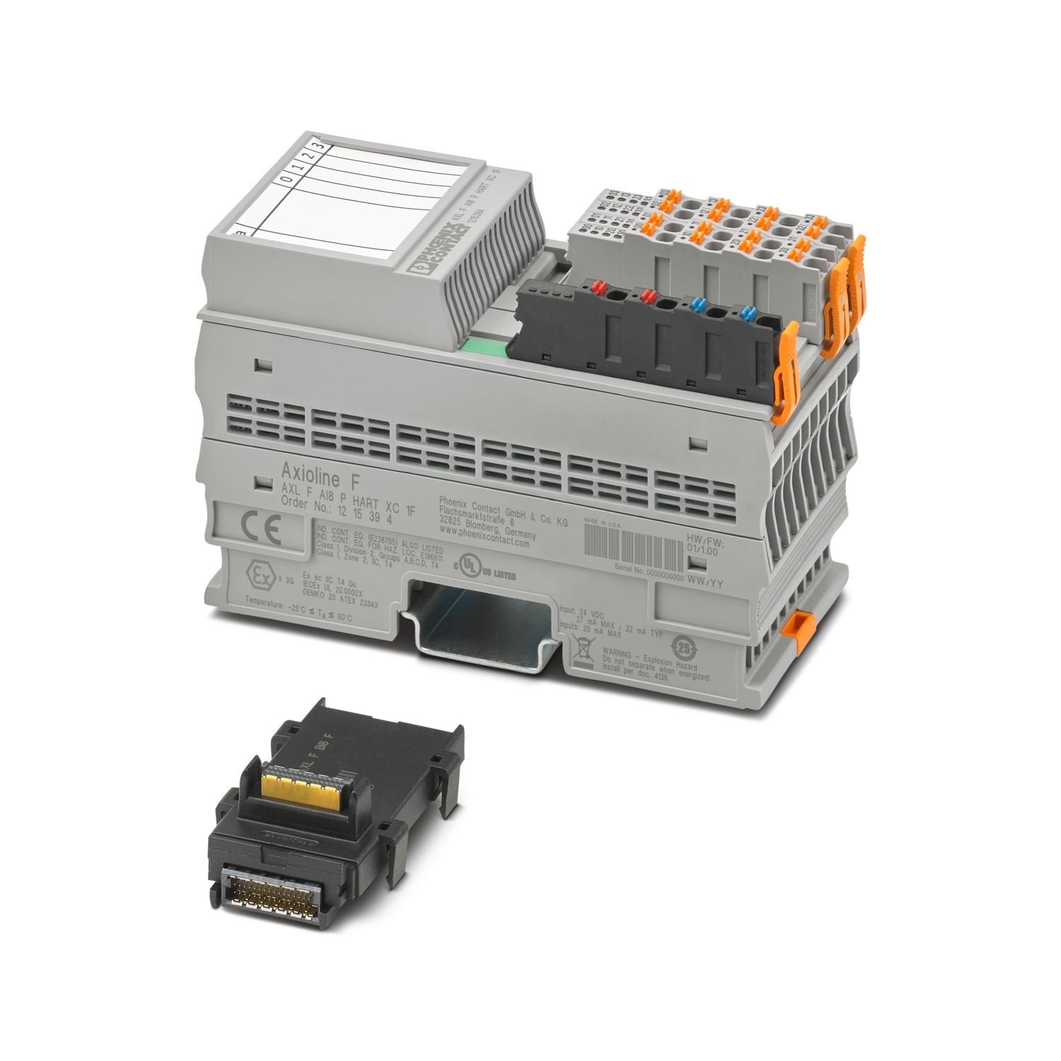 Axioline F, Analog input module, Passive analog inputs: 8 (HART), 0 mA ... 20 mA, 4 mA ... 20 mA, connection technology: 2-conductor, transmission speed in the local bus: 100 Mbps, Extreme conditions version, HART functionality, degree of protection: IP20, including bus base module and Axioline F connectors
