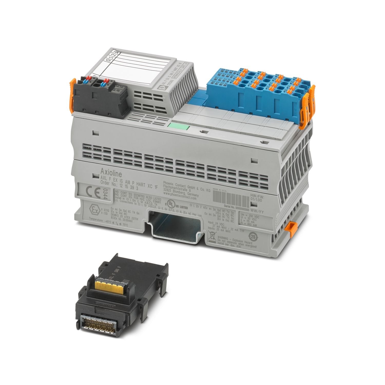 Axioline F, Analog input module, Passive analog inputs: 8 (HART), 0 mA ... 20 mA, 4 mA ... 20 mA, connection technology: 2-conductor, transmission speed in the local bus: 100 Mbps, Extreme conditions version, HART functionality, intrinsically safe, degree of protection: IP20, including bus base module and Axioline F connectors