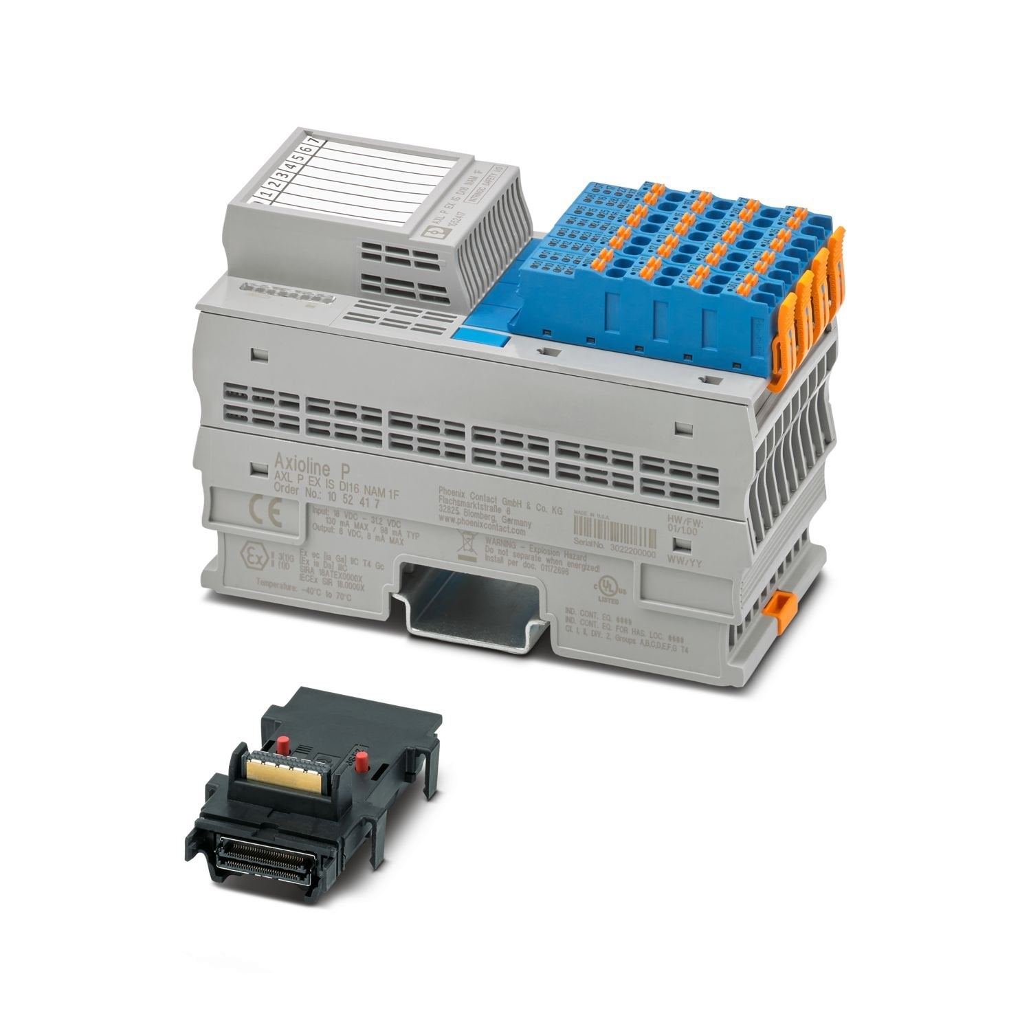 Axioline P, Digital input module, Digital inputs: 16 (NAMUR), 8 V DC, connection technology: 2-conductor, NAMUR functionality, intrinsically safe, transmission speed in the local bus: 100 Mbps, degree of protection: IP20, including bus base module and Axioline P connectors