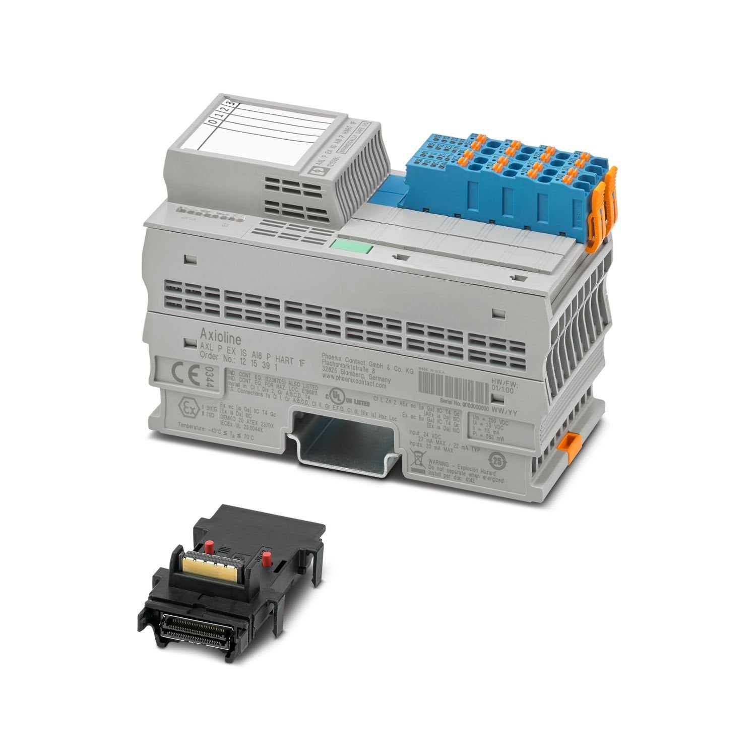 Axioline P, Analog input module, Passive analog inputs: 8 (HART), 0 mA ... 20 mA, 4 mA ... 20 mA, connection technology: 2-conductor, transmission speed in the local bus: 100 Mbps, HART functionality, intrinsically safe, degree of protection: IP20, including bus base module and Axioline P connectors