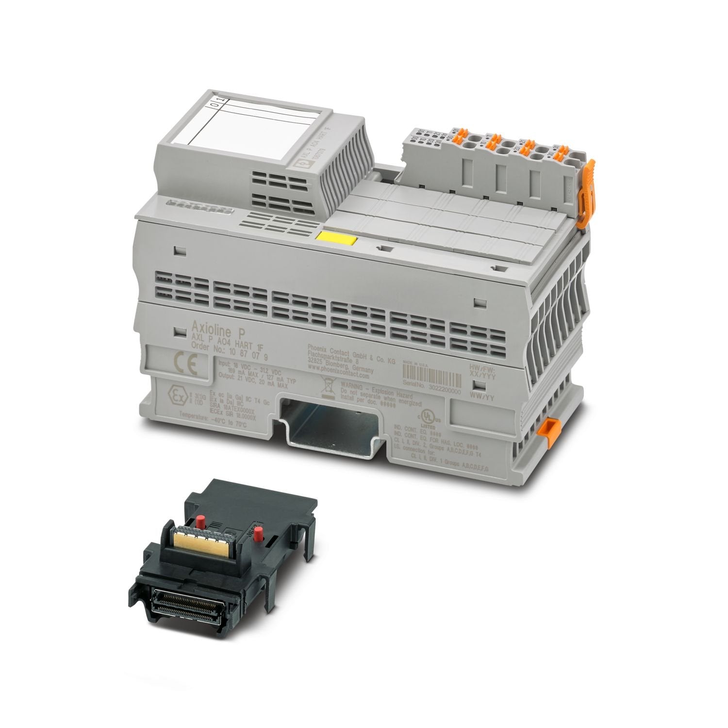 Axioline P, Analog output module, Analog outputs: 4 (HART), 0 mA ... 20 mA, 4 mA ... 20 mA, connection technology: 2-conductor, transmission speed in the local bus: 100 Mbps, HART functionality, degree of protection: IP20, including bus base module and connectors